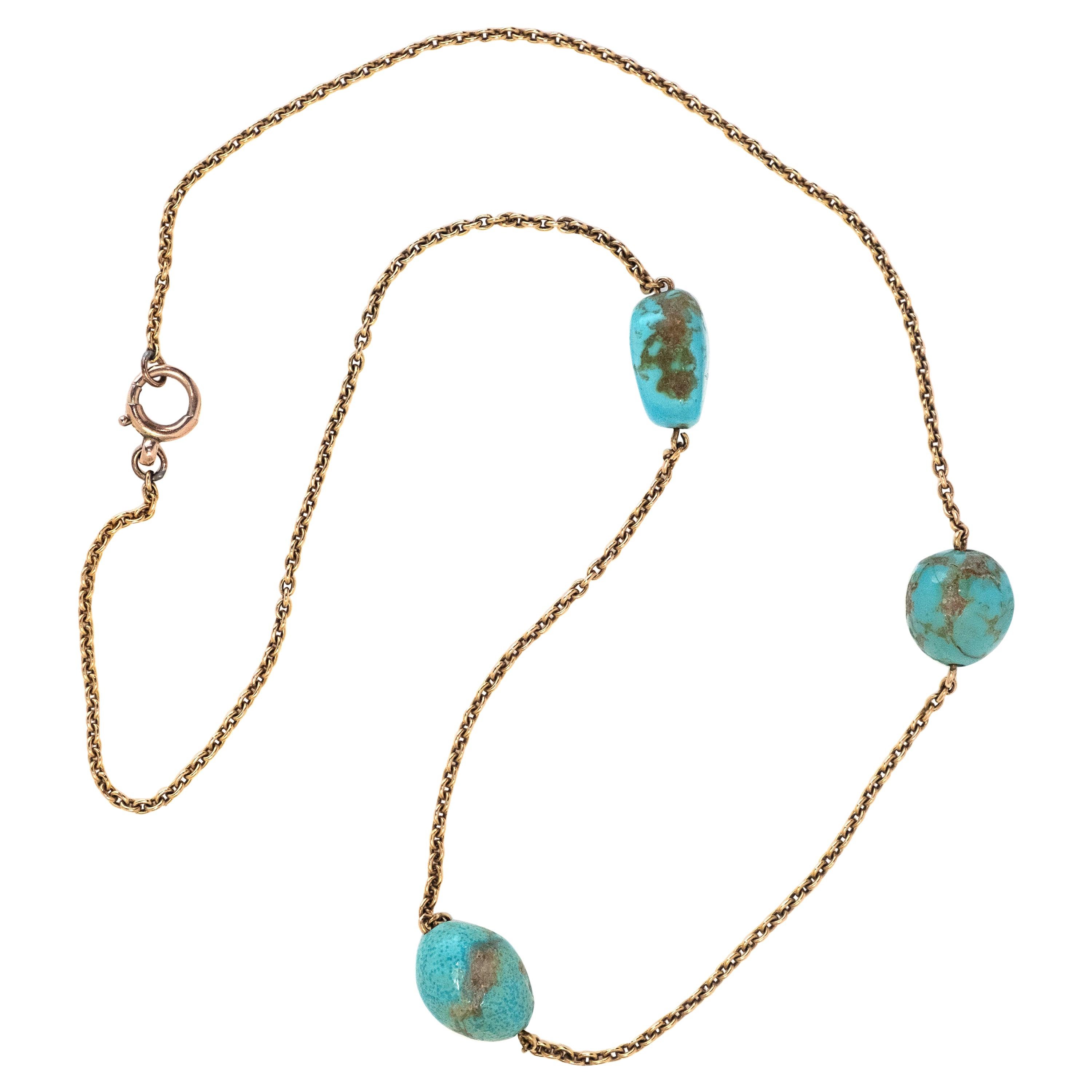 1970s Turquoise Nugget Necklace with Solid Gold Chain For Sale