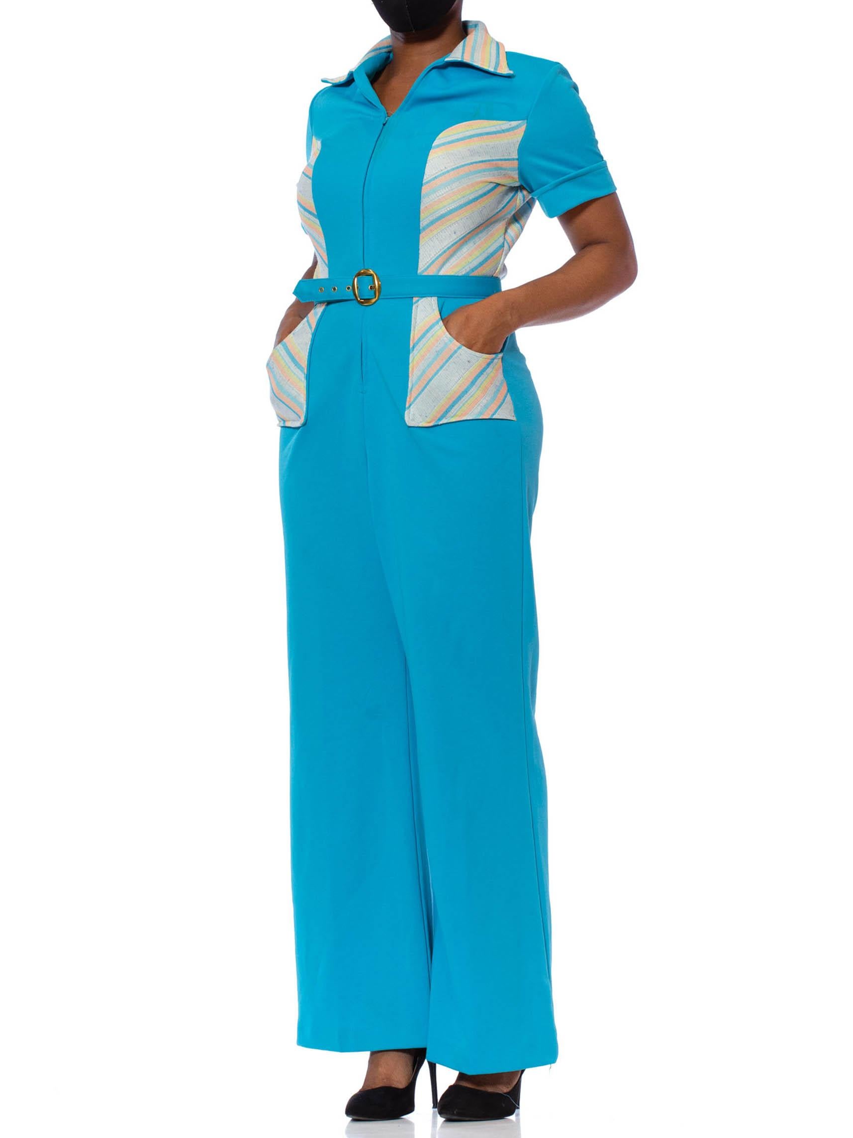 1970S Turquoise & Peach Polyester Double Knit Jumpsuit With Belt 3