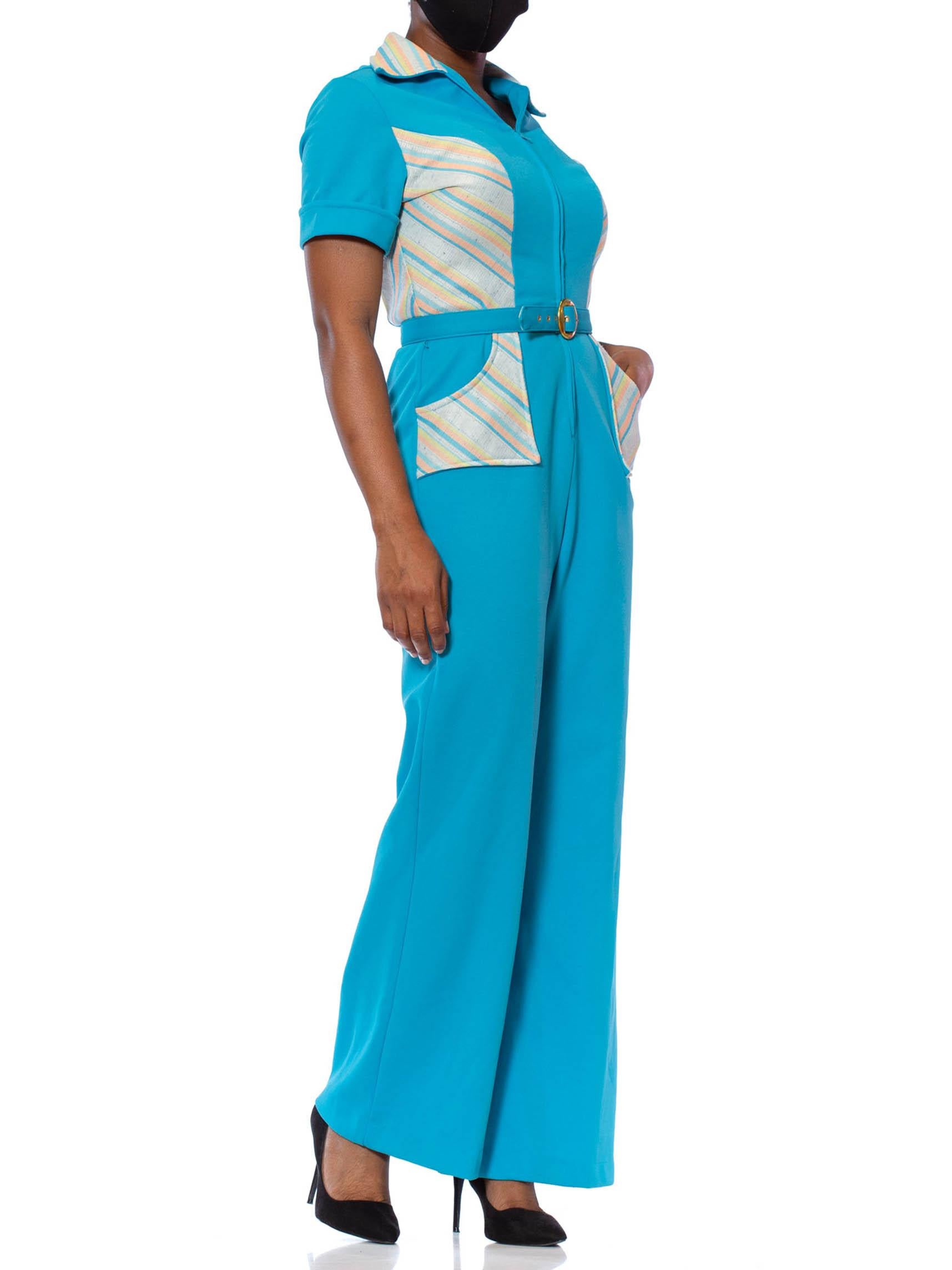 Blue 1970S Turquoise & Peach Polyester Double Knit Jumpsuit With Belt