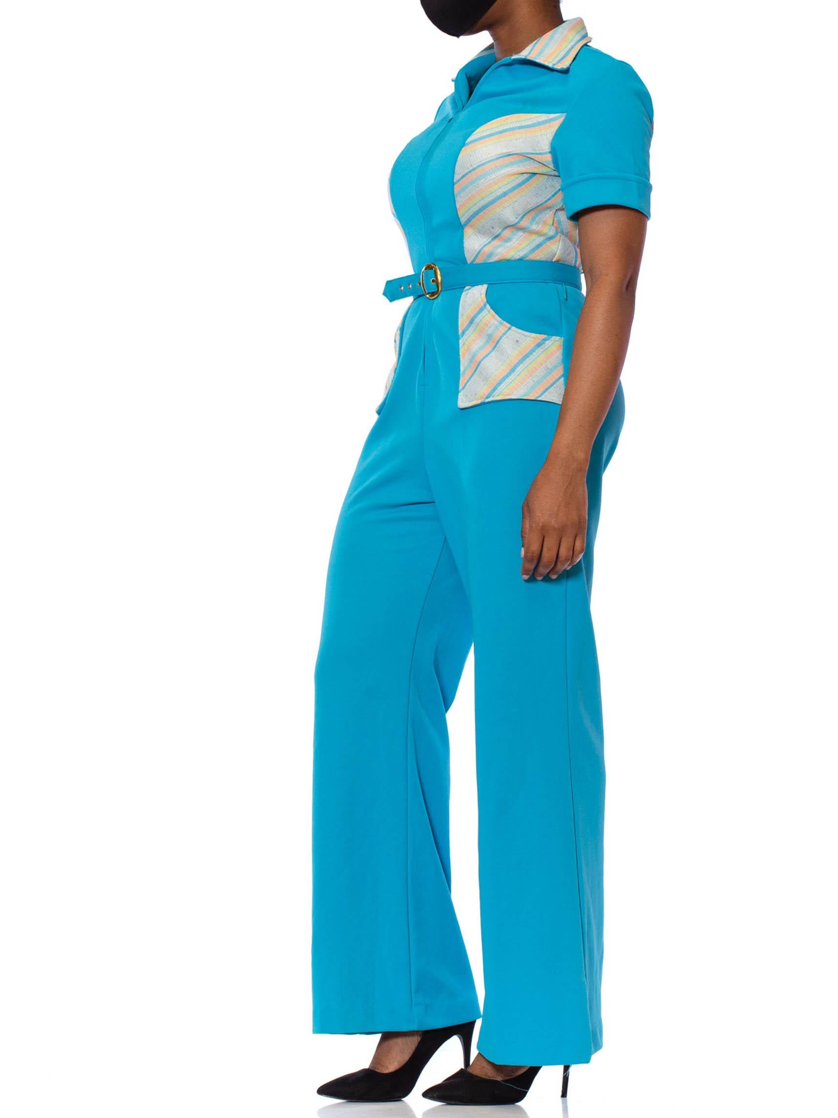 1970S Turquoise & Peach Polyester Double Knit Jumpsuit With Belt In Excellent Condition In New York, NY