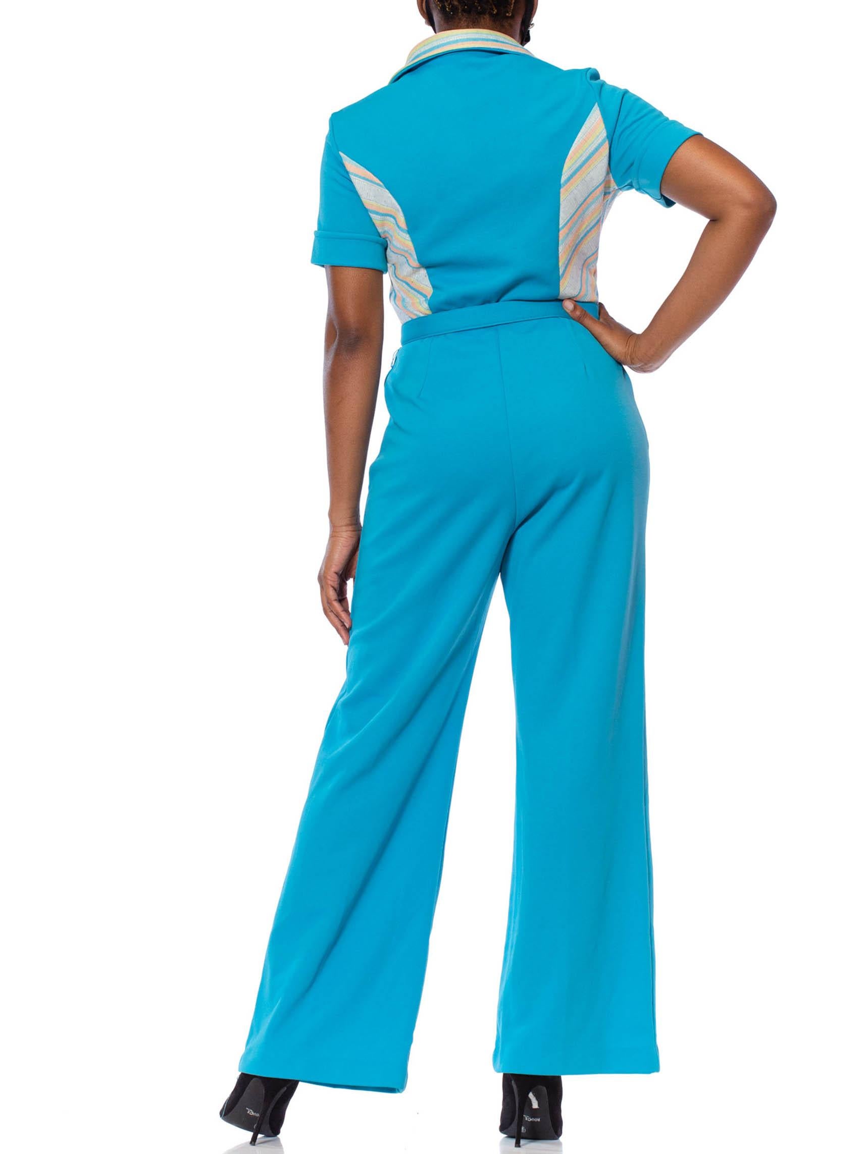 Women's 1970S Turquoise & Peach Polyester Double Knit Jumpsuit With Belt