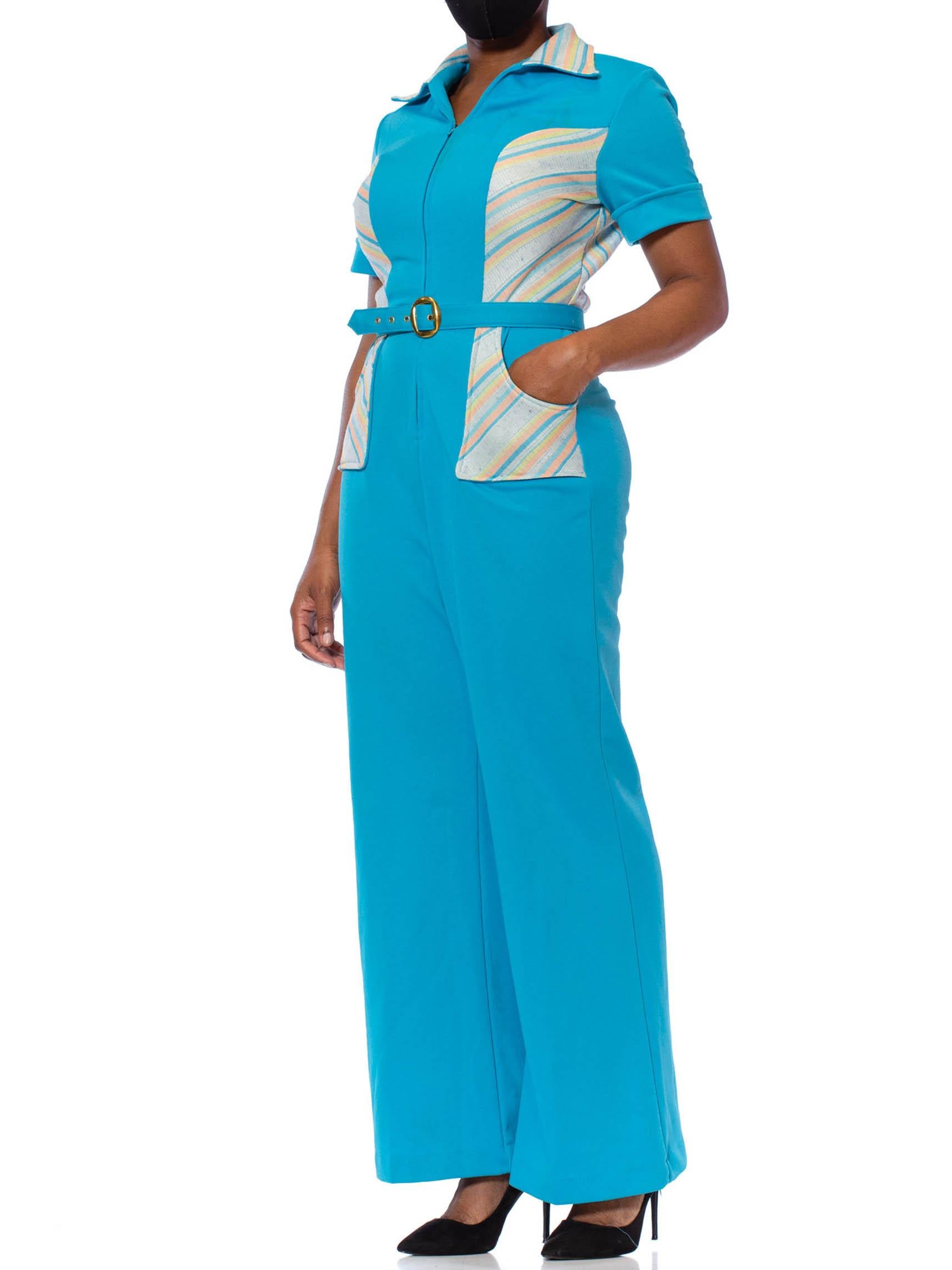 1970S Turquoise & Peach Polyester Double Knit Jumpsuit With Belt 1
