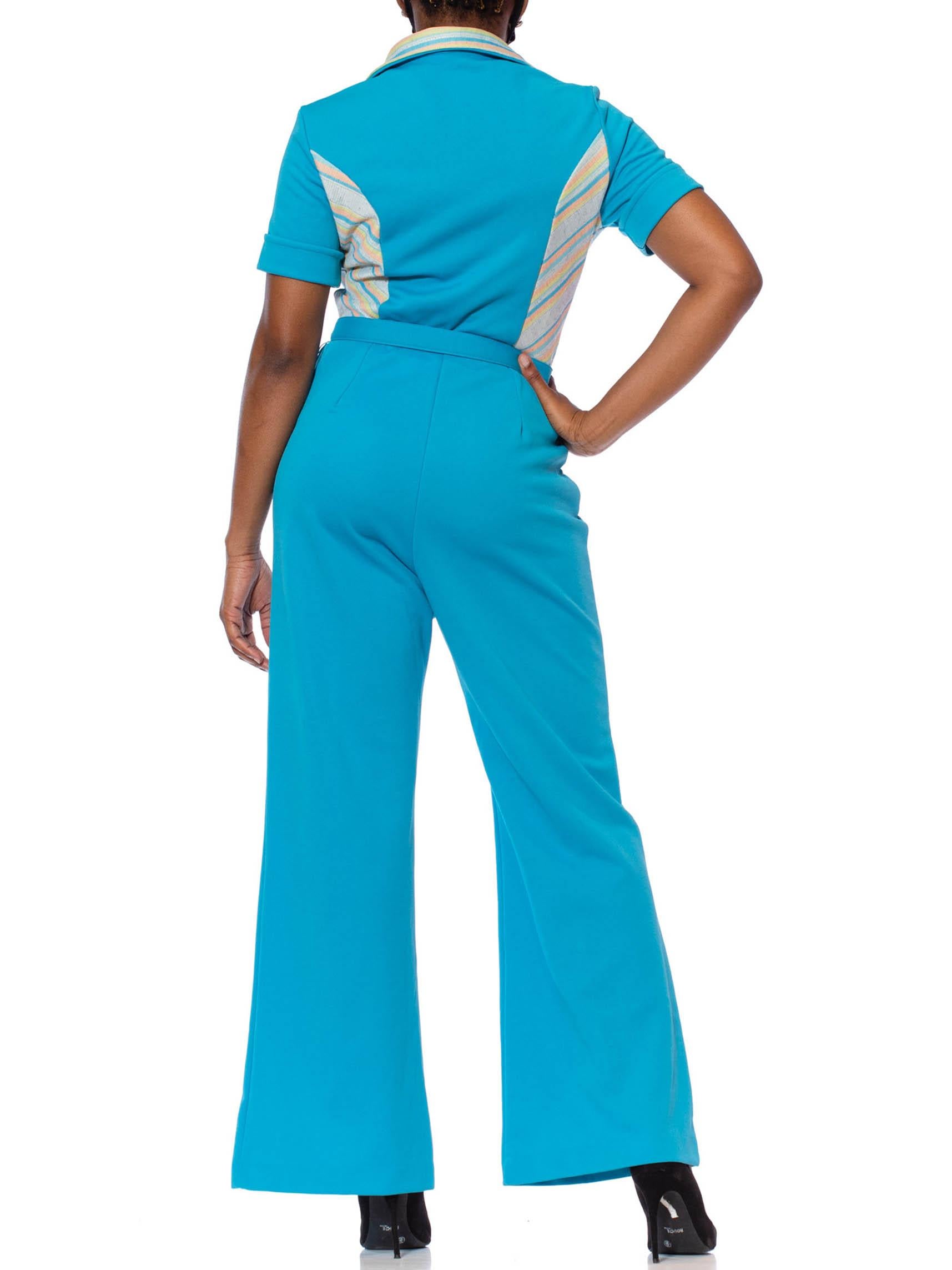 1970S Turquoise & Peach Polyester Double Knit Jumpsuit With Belt 2