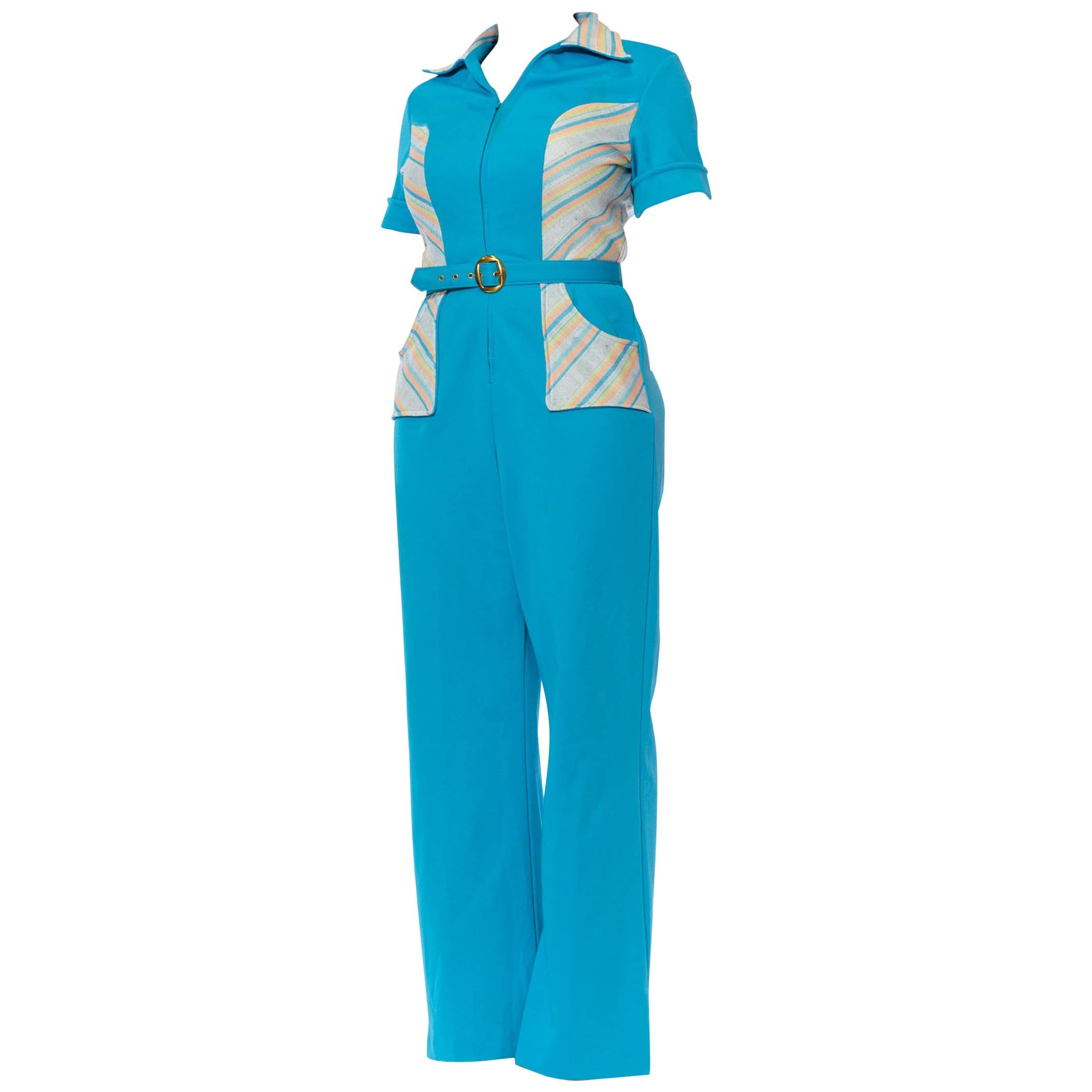 1970S Turquoise & Peach Polyester Double Knit Jumpsuit With Belt