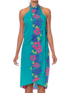 1970S Turquoise & Pink Cotton Hawaii Tropical Surf Beach Wrap Dress Swim Cover