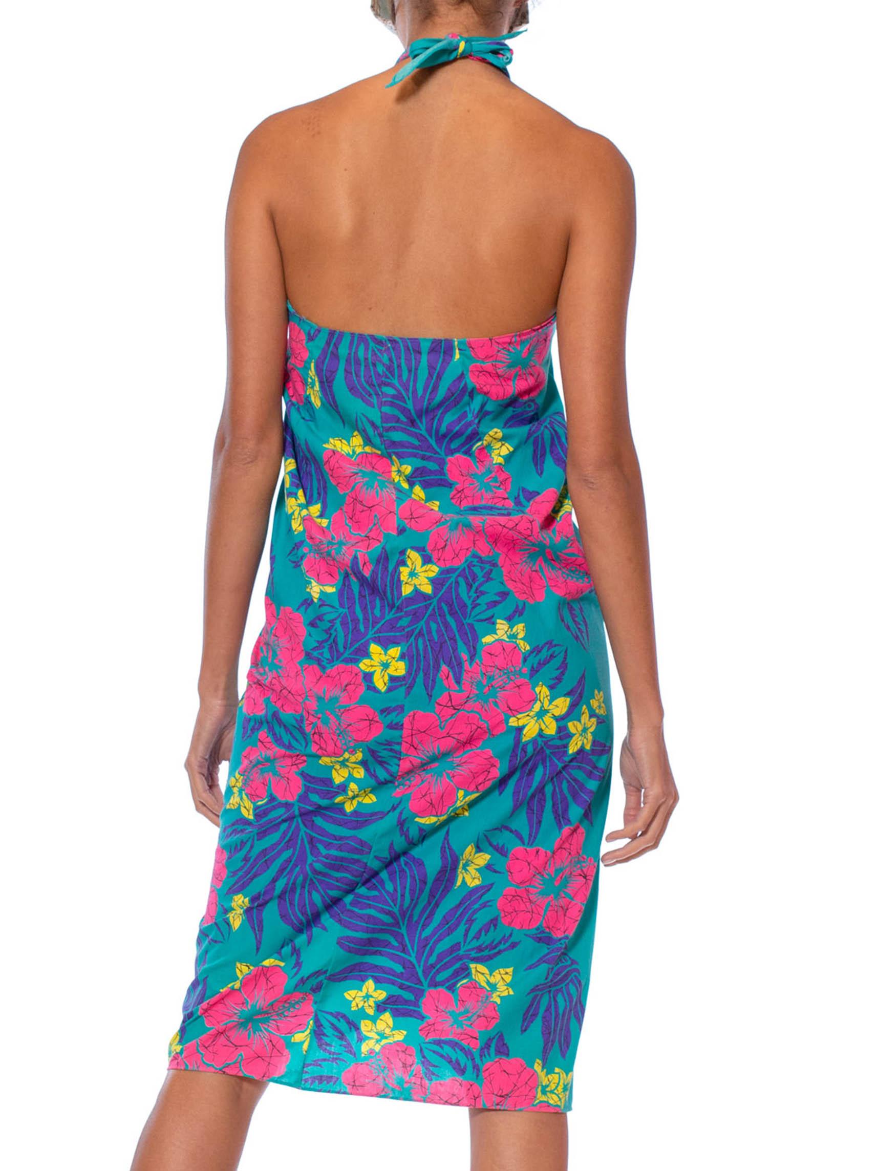 Women's 1970S Turquoise & Pink Cotton Hawaii Tropical Surf Beach Wrap Dress Swim Cover For Sale