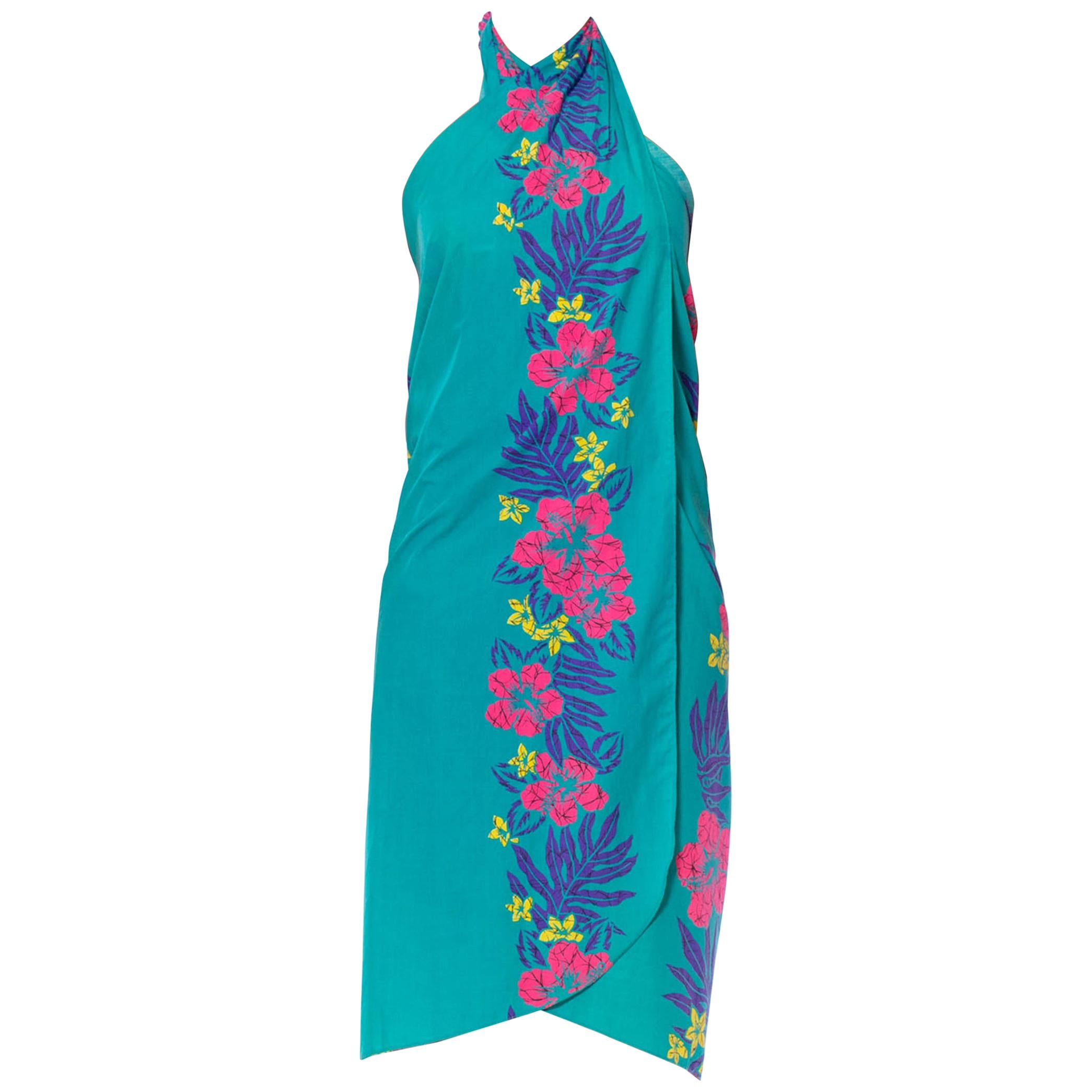 1970S Turquoise & Pink Cotton Hawaii Tropical Surf Beach Wrap Dress Swim Cover For Sale