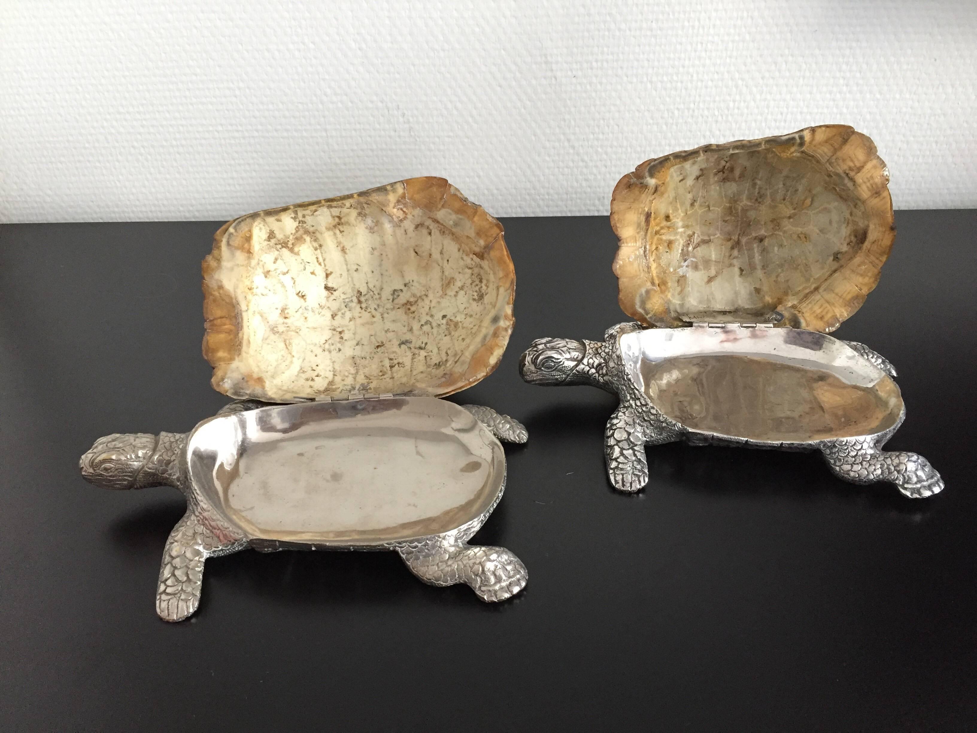 Silver Plate 1970s Turtel Shell Boxes Signed by Gabriella Crespi