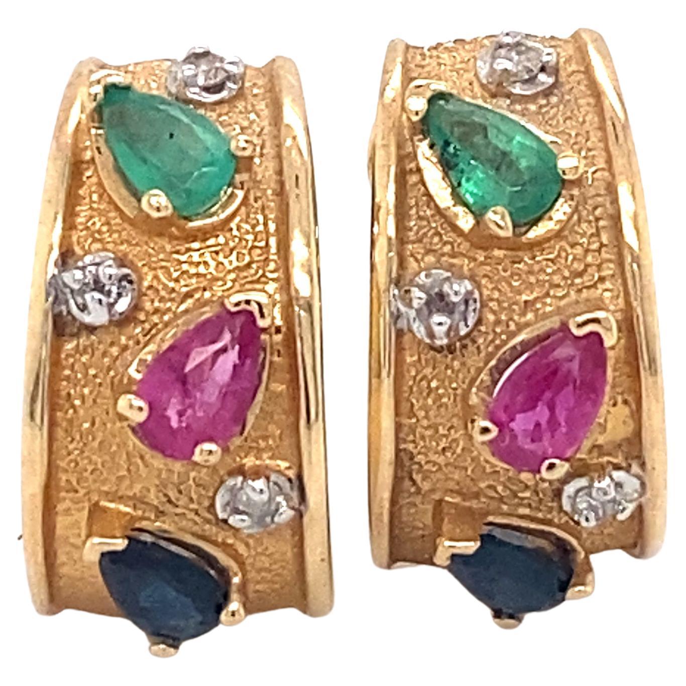1970s Tutti Frutti Sapphire, Ruby, Emerald and Diamond Half Hoop Earrings For Sale