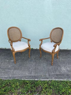 1980s Twisted Rope Gilt Wood Cane Armchairs, Set of 2