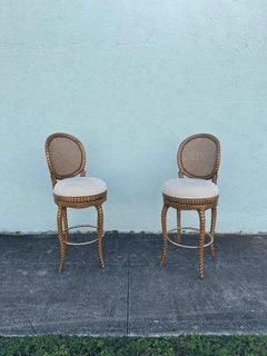 1980er Jahre Gedrehtes Seil Vergoldetes Holzrohr Drehhocker, 2er Set