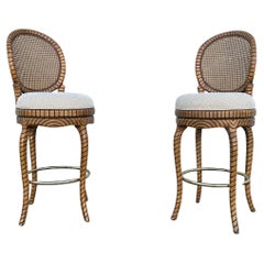 1980s Twisted Rope Gilt Wood Cane Swivel Stools, Set of 2