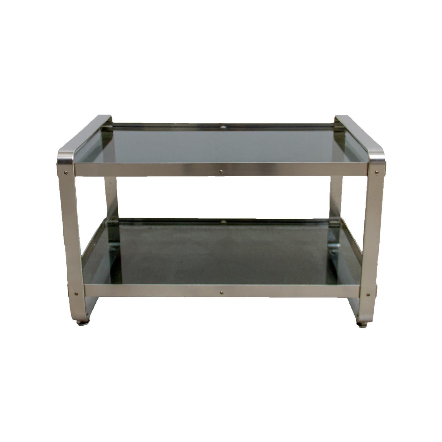 1970s Two Layer Smoke Glass Top Anodized Aluminium Framed Side Table