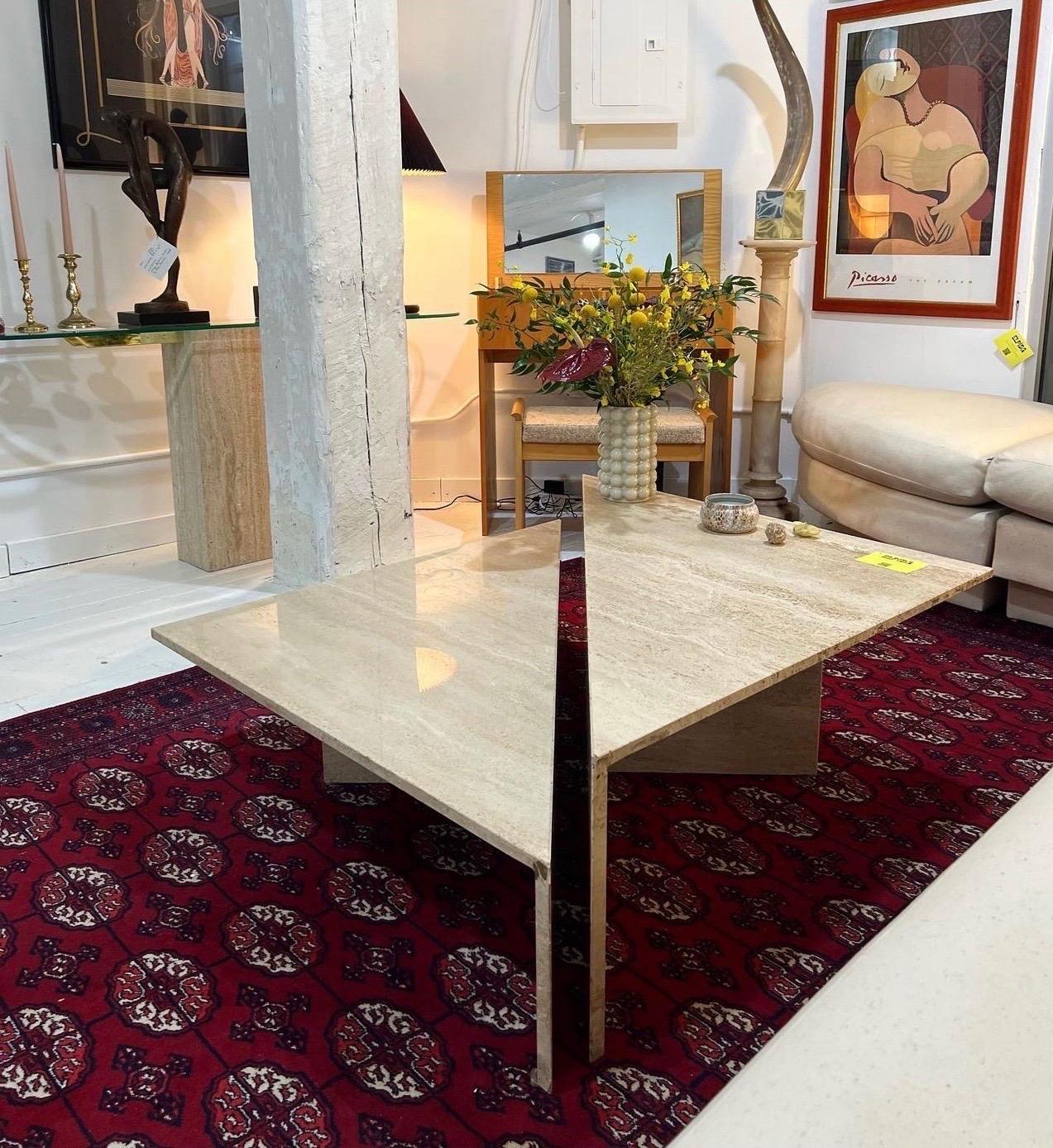 1970s Two Piece Modular Triangular Travertine Coffee Table In Good Condition In Brooklyn, NY