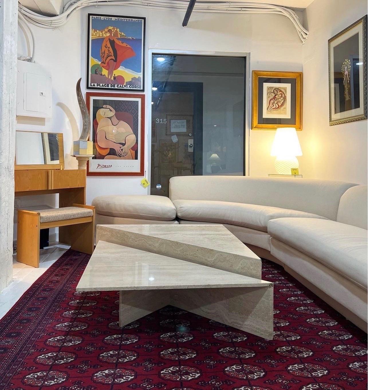 1970s Two Piece Modular Triangular Travertine Coffee Table 1