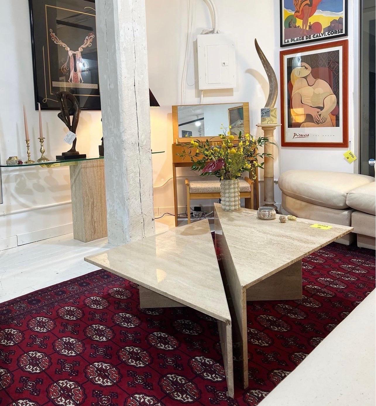 1970s Two Piece Modular Triangular Travertine Coffee Table 2