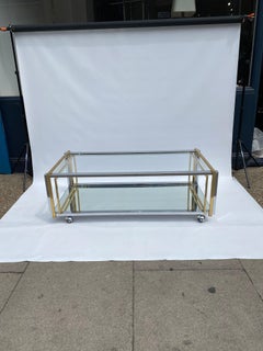 1970s Two Tiered Coffee Table Brass Chrome Glass Mirror Hollywood Regency Rega