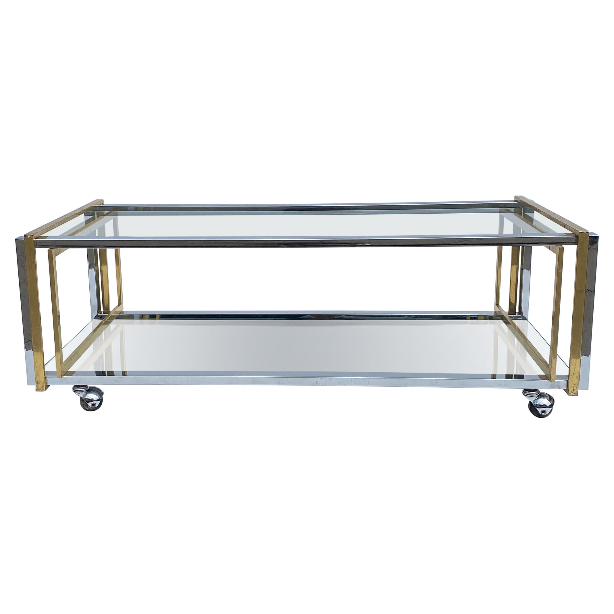 1970s Two Tiered Coffee Table Brass Chrome Glass Mirror Hollywood Regency Rega