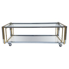1970s Two Tiered Coffee Table Brass Chrome Glass Mirror Hollywood Regency Rega