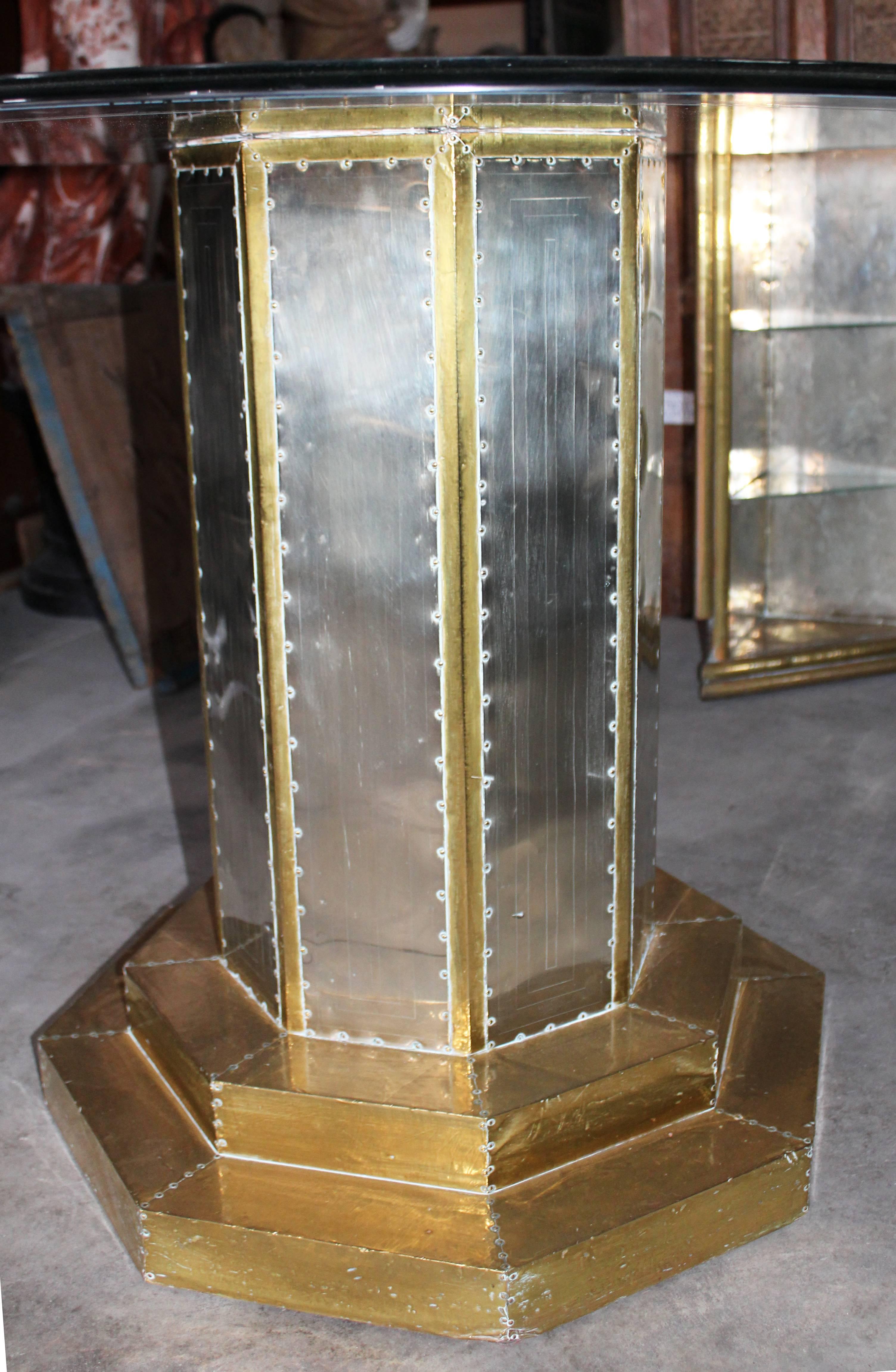 Spanish 1970s, Two-Tone Gilded Brass on Wood Glass Top Table For Sale