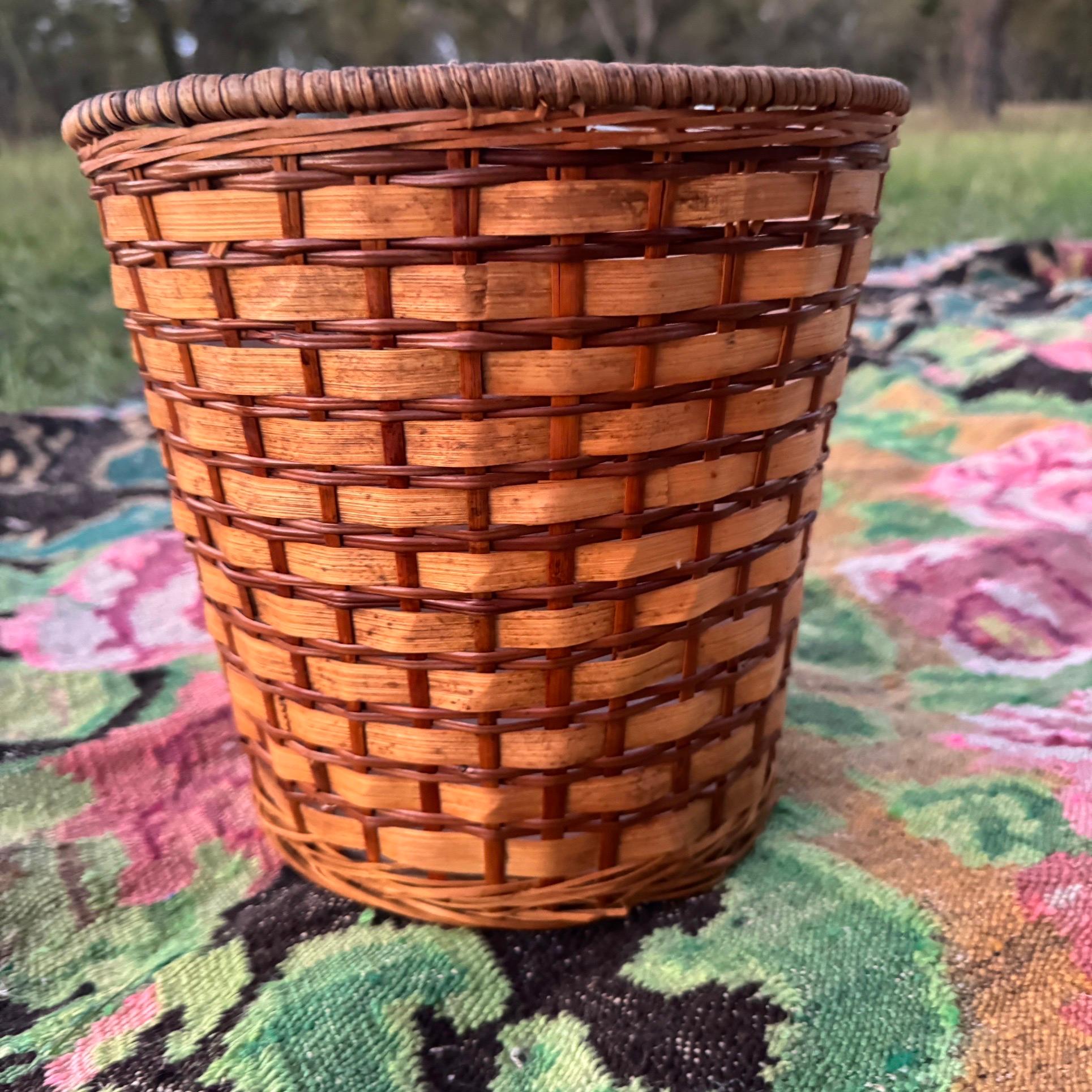 Rustic 1970s Two Toned Woven Rattan Wastebasket For Sale