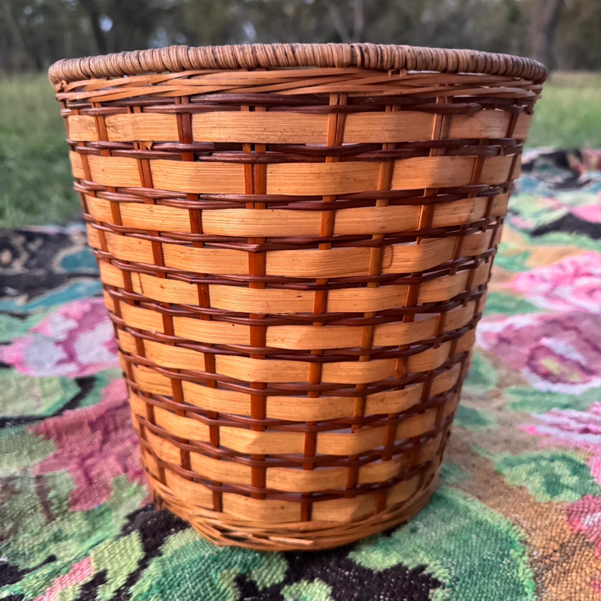 Unknown 1970s Two Toned Woven Rattan Wastebasket For Sale
