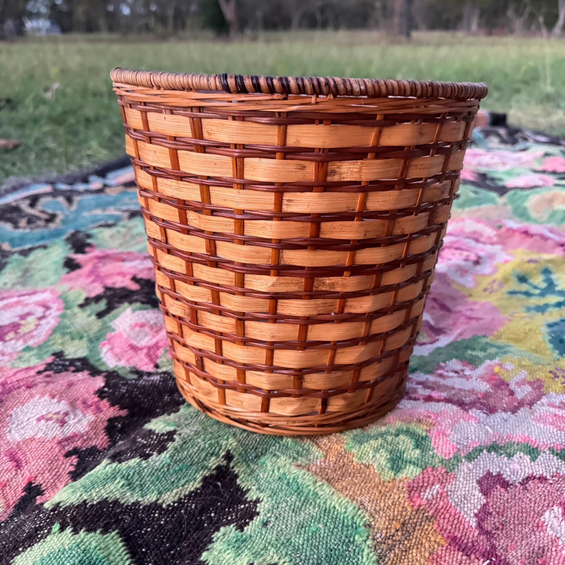 Late 20th Century 1970s Two Toned Woven Rattan Wastebasket For Sale