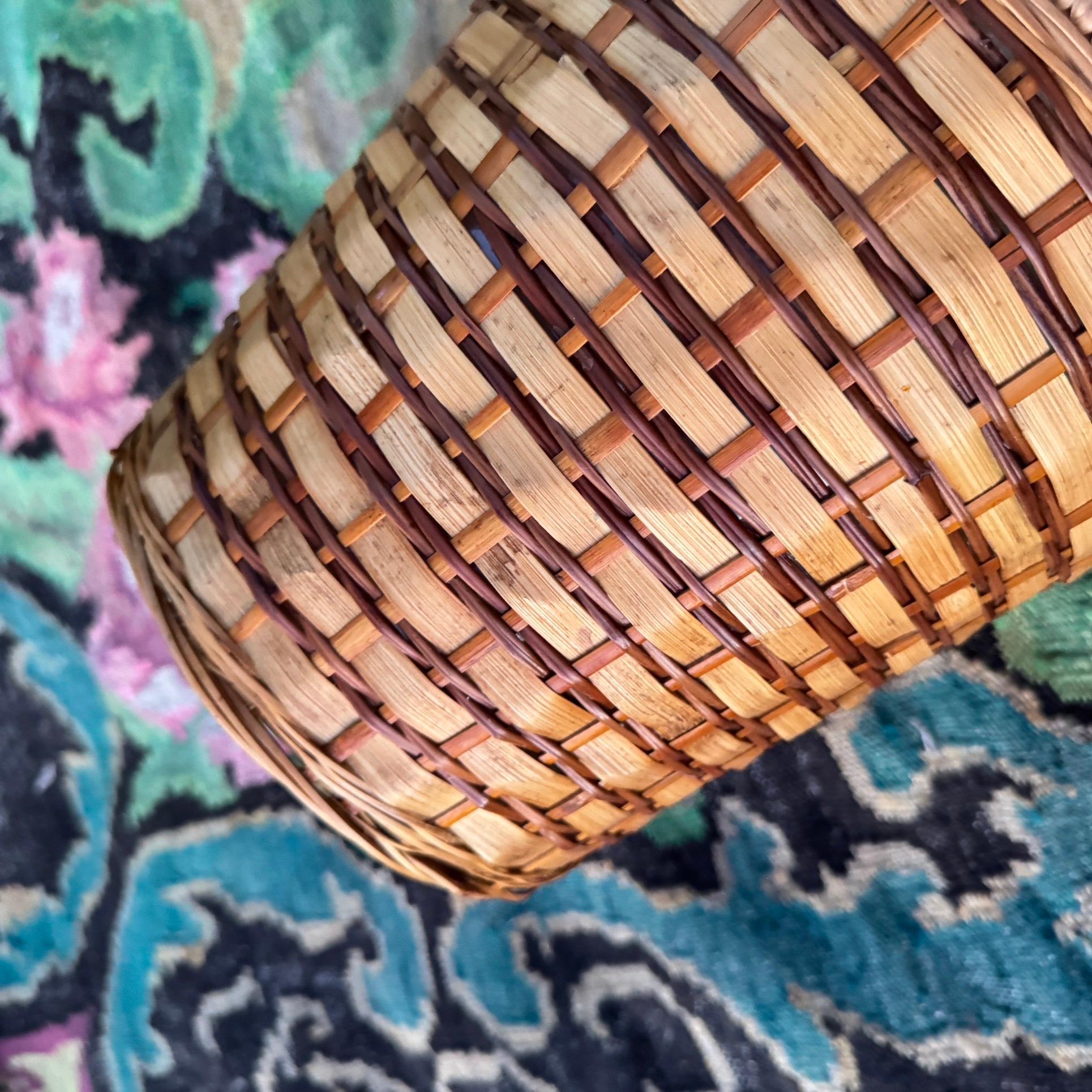 1970s Two Toned Woven Rattan Wastebasket For Sale 1