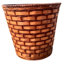 1970s Two Toned Woven Rattan Wastebasket