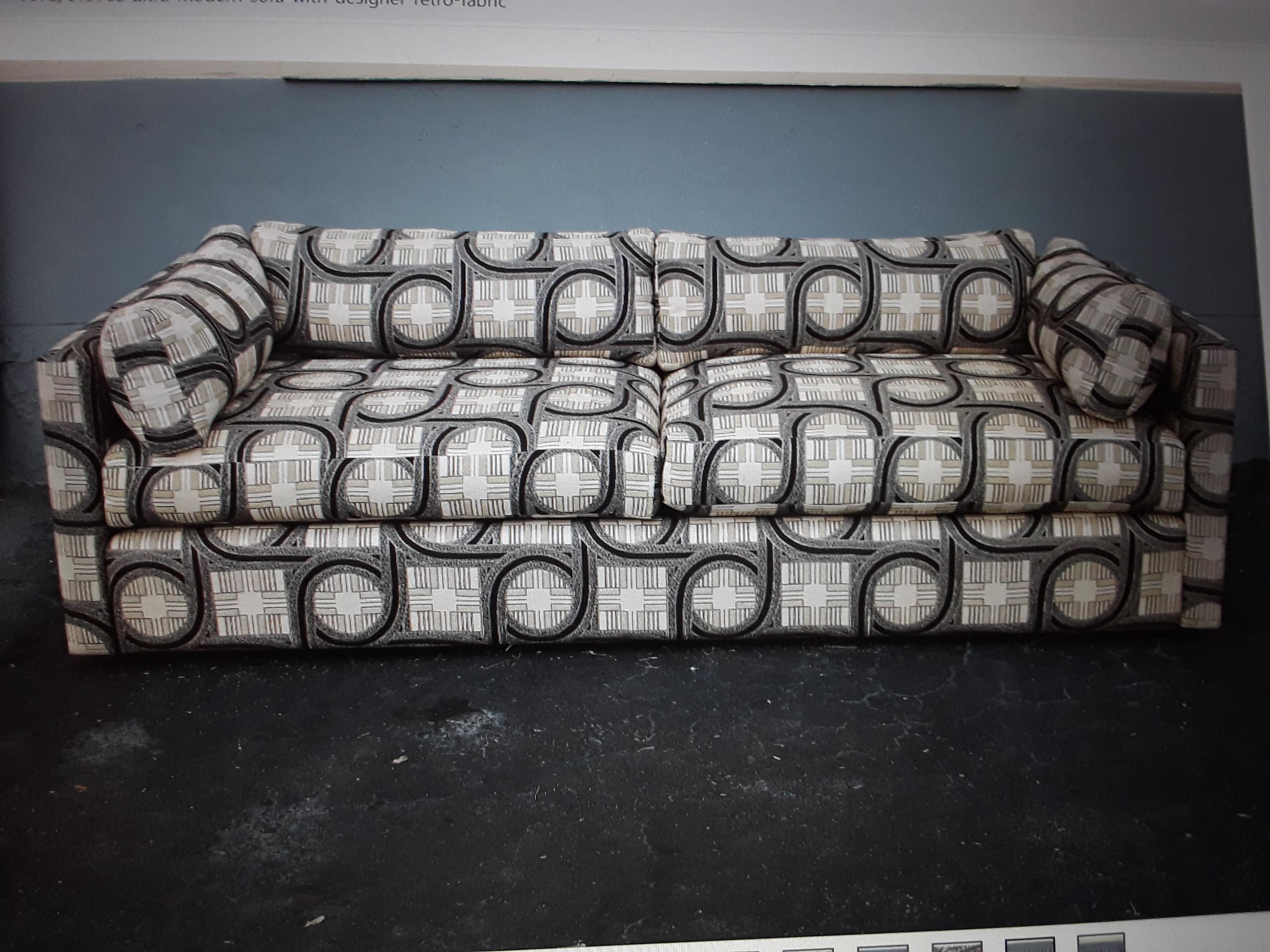 1970's Ultra Modern Sofa with Retro Designer Fabric by Shawnee Penn. Very nice condition. Bal Harbour Florida estate.