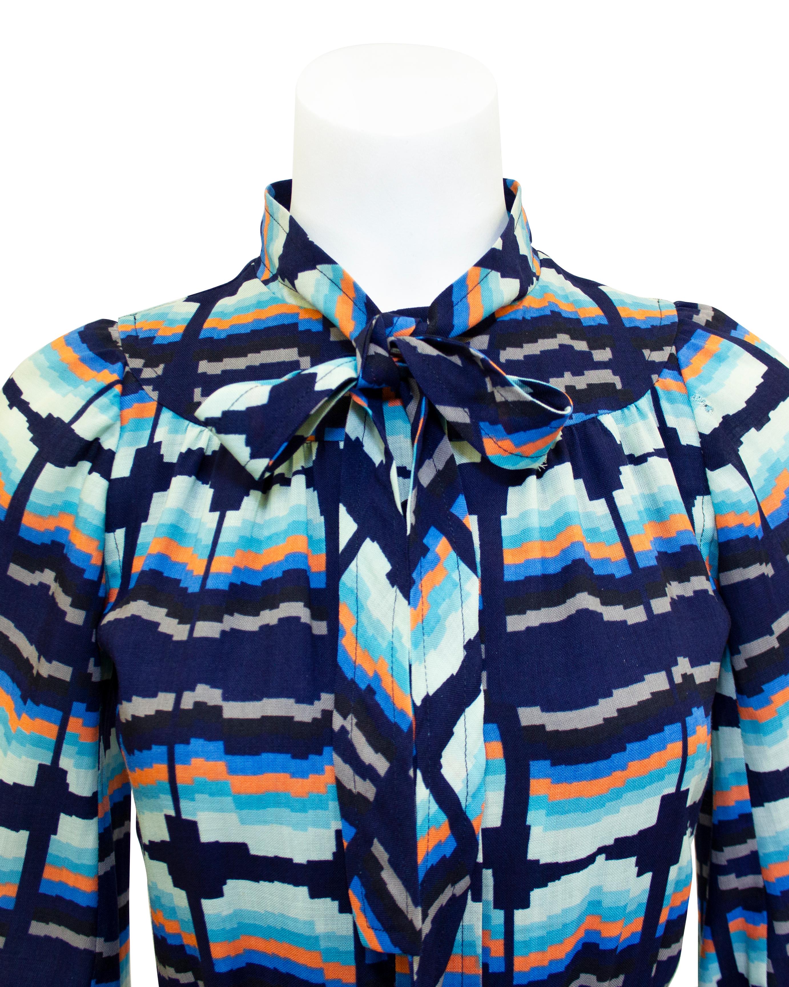 1970s Ungaro Blue & Orange Shirt Dress In Fair Condition For Sale In Toronto, Ontario