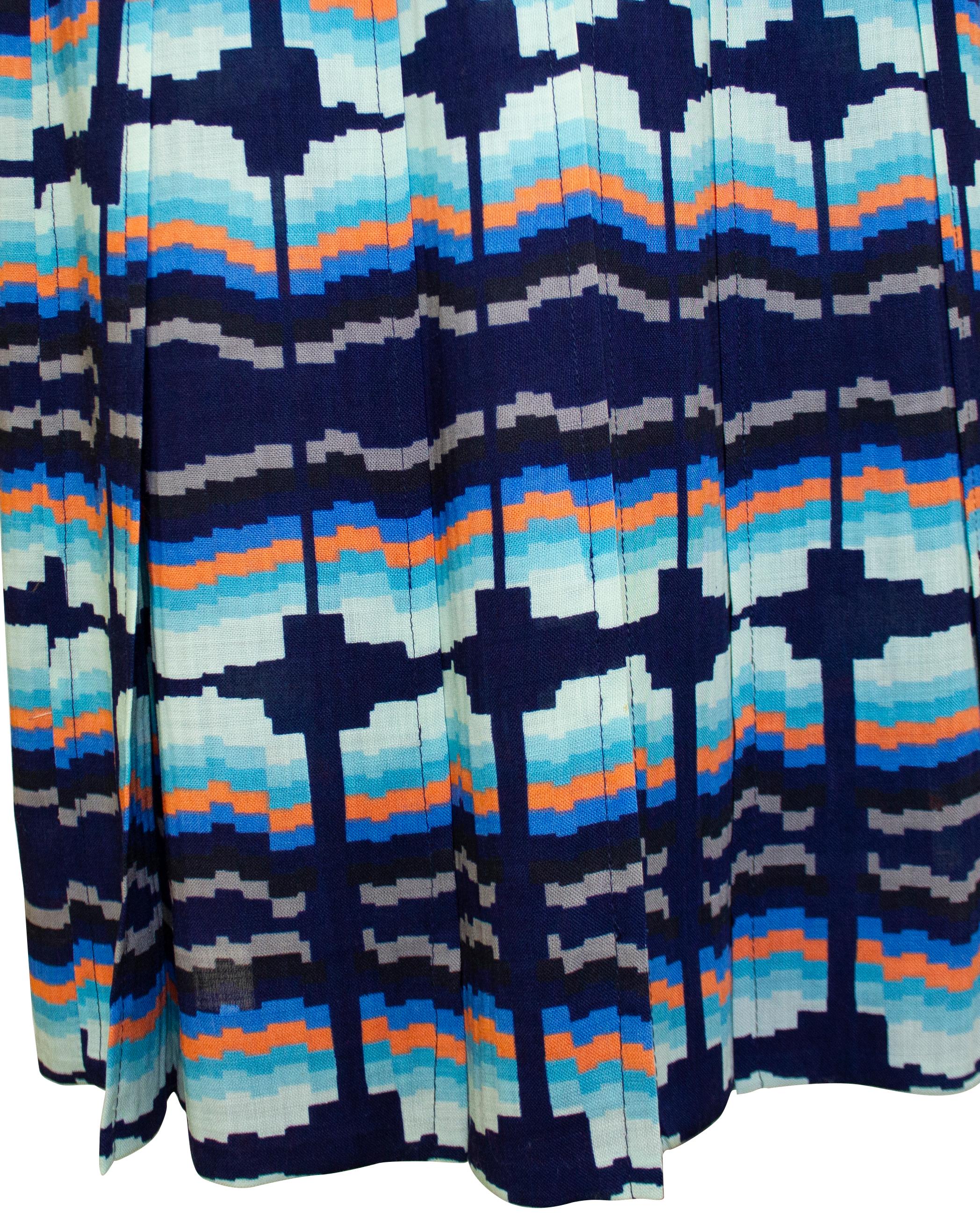 1970s Ungaro Blue & Orange Shirt Dress For Sale 1