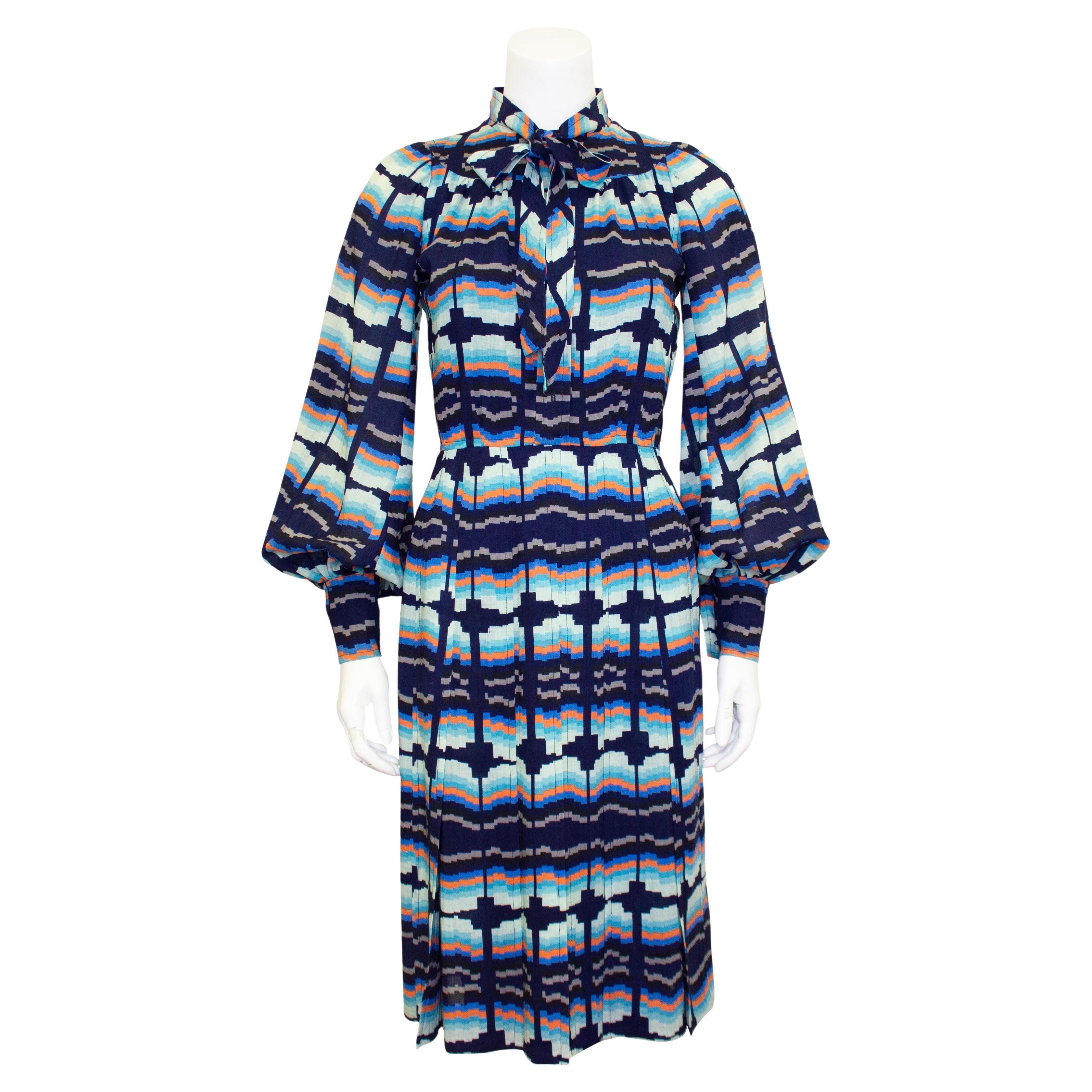 1970s Ungaro Blue & Orange Shirt Dress For Sale