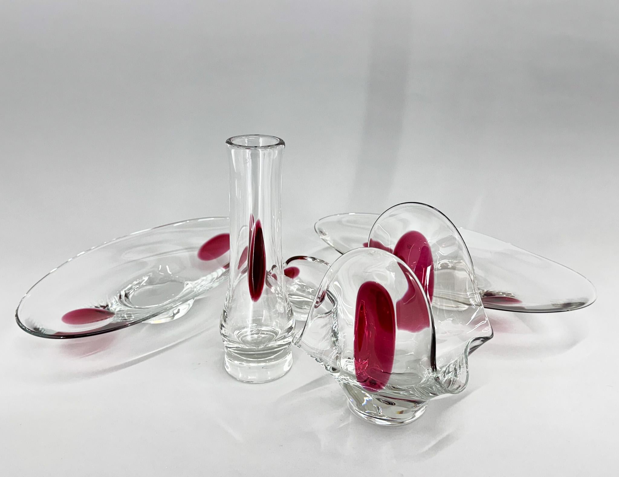 A set of five unique art glass pieces designed by Jaroslav Tabary and produced by Lednicke Roven glassworks in the 1970s in the former Czechoslovakia. Very rare to find a complete set like this. 