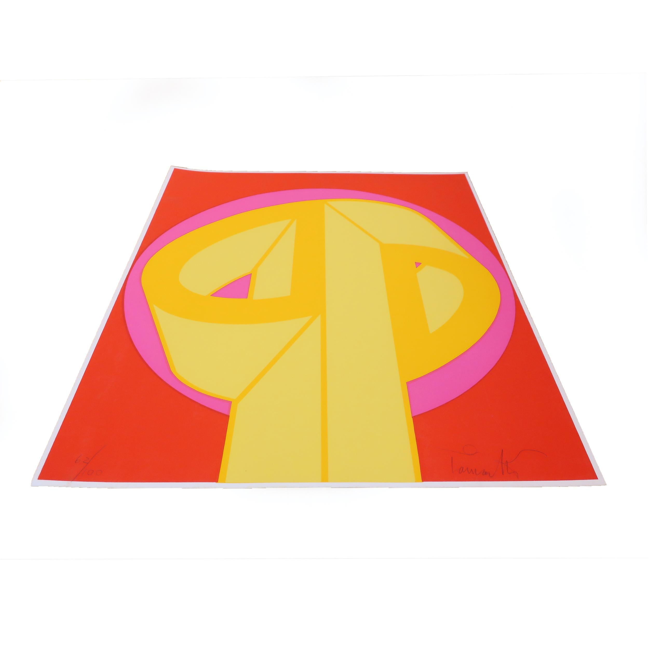 A stunning and bright abstract geometric serigraph in the hard edge style by American painter, print maker, and set designer Paul Camacho (1929-1989). Yellow, orange, and pink against a red background makes this print pop! Hand-signed and numbered