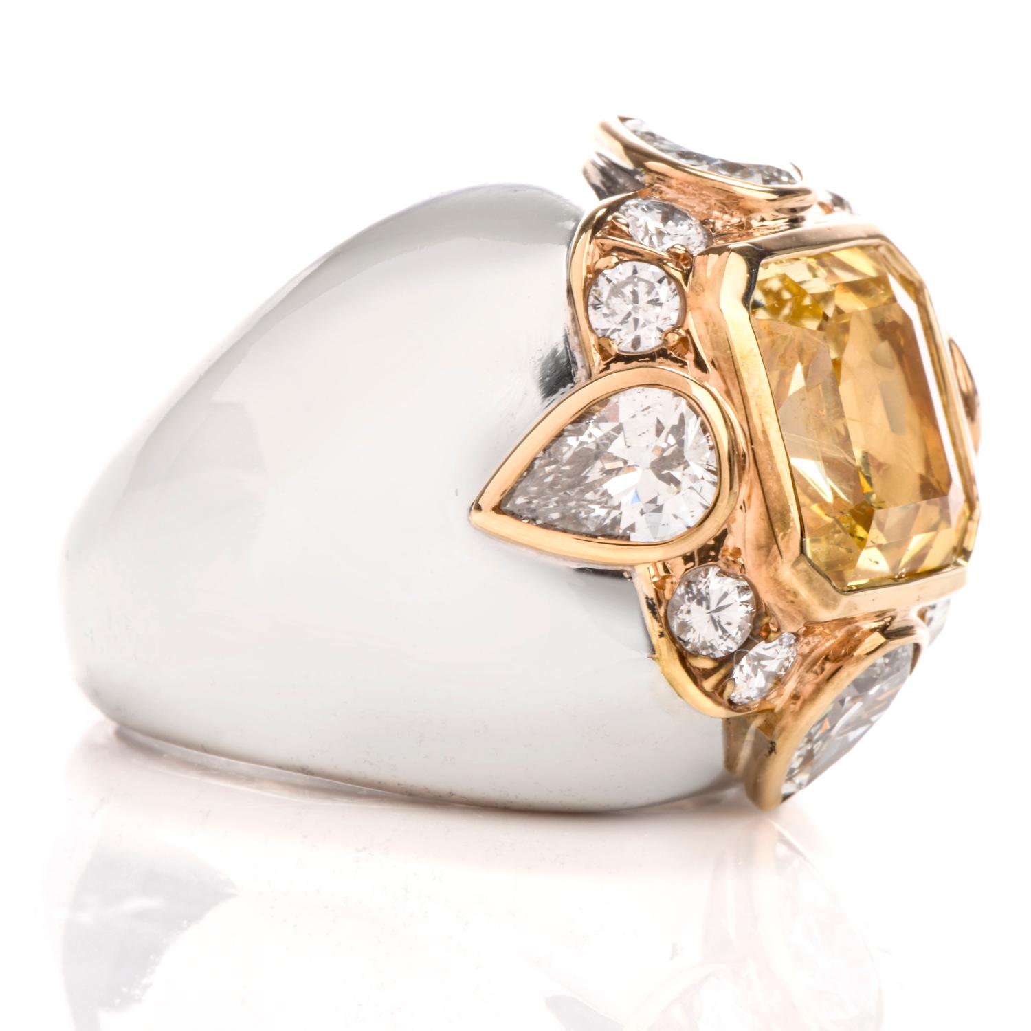 Women's or Men's 1970s Untreated Natural GIA Certified Ceylon Yellow Sapphire Diamond Gold Ring