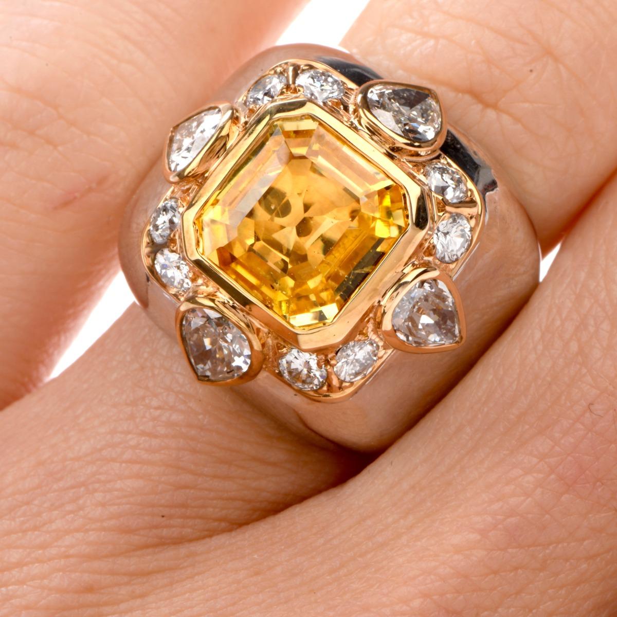 Emerald Cut 1970s Untreated Natural GIA Certified Ceylon Yellow Sapphire Diamond Gold Ring