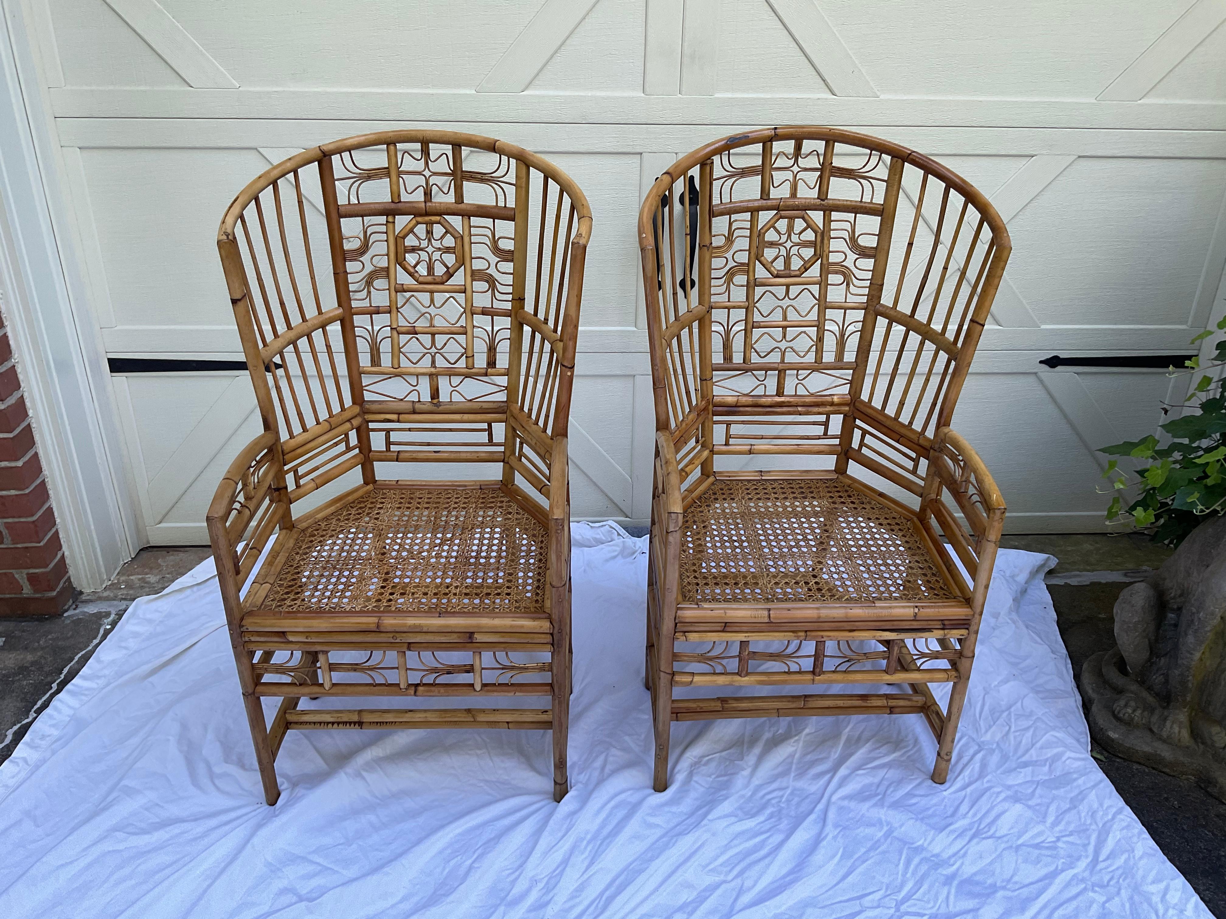 I said , I would not buy any more rattan chairs, but this pair is so different! I have never seen before! . It’s a cross between a traditional Brighton style chair, and a peacock chair. Both are in very good condition. Cane is intact on both, but