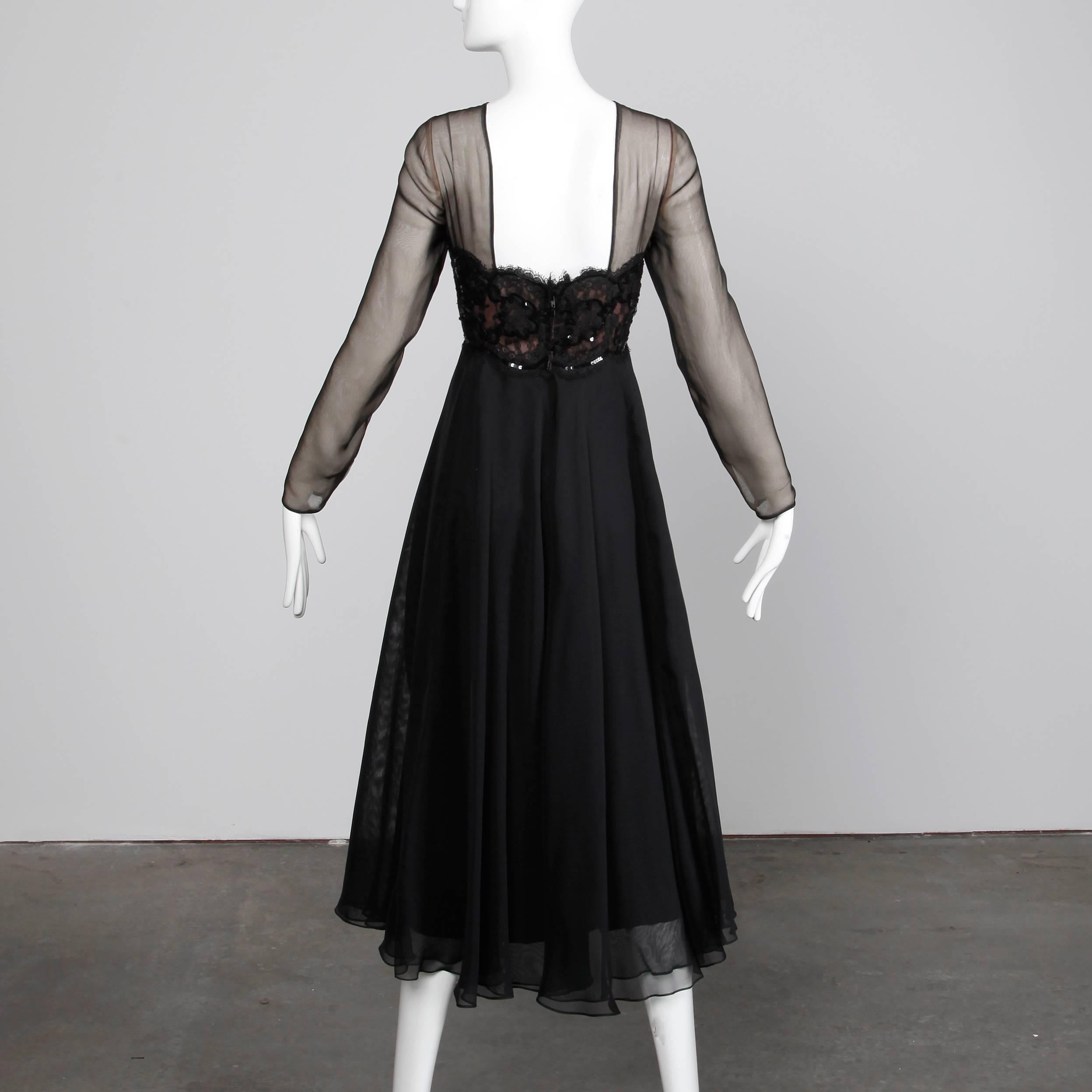 Women's 1970s Unworn with Tags Estevez Vintage Black Chiffon Sequin Lace Maxi Dress For Sale
