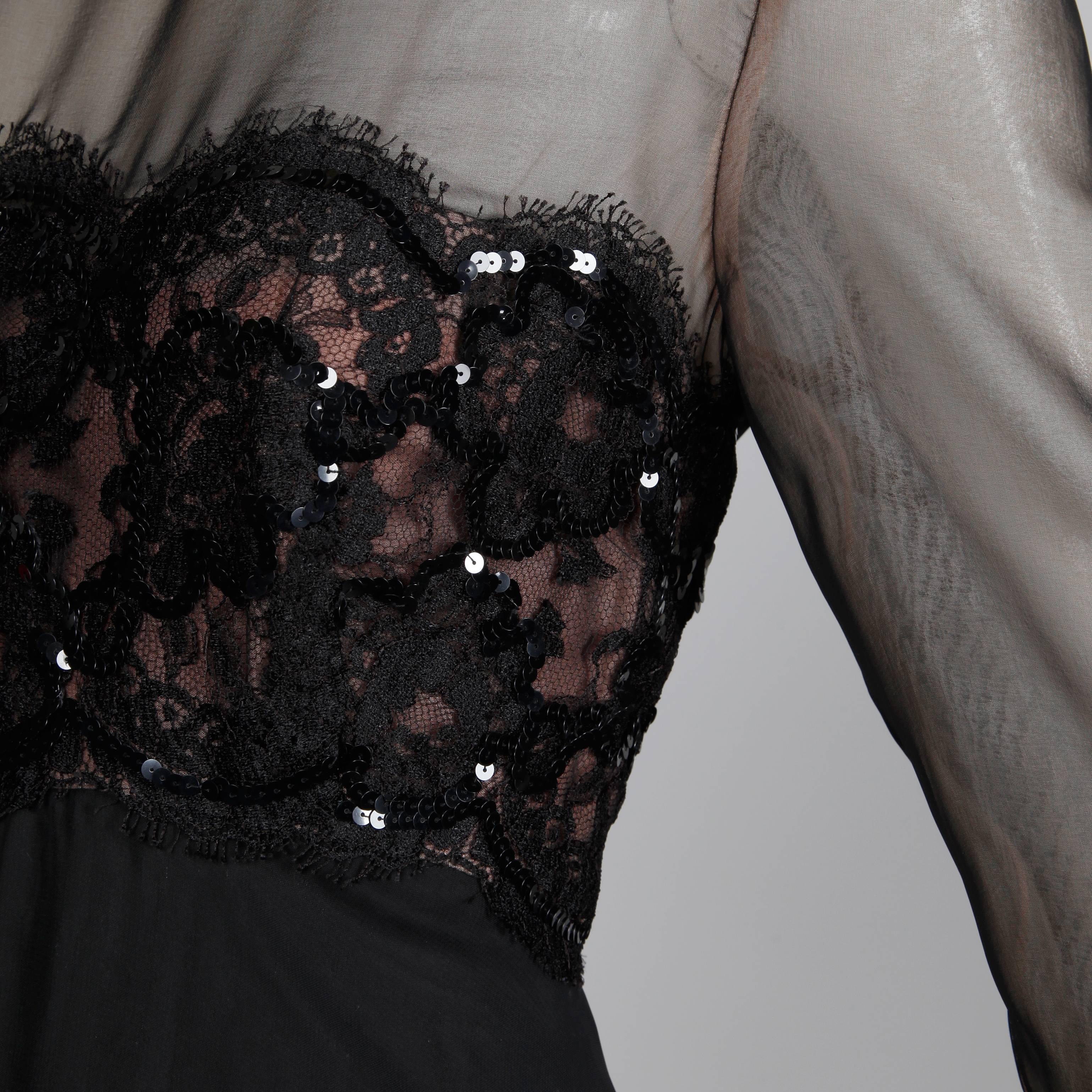 1970s Unworn with Tags Estevez Vintage Black Chiffon Sequin Lace Maxi Dress For Sale 2