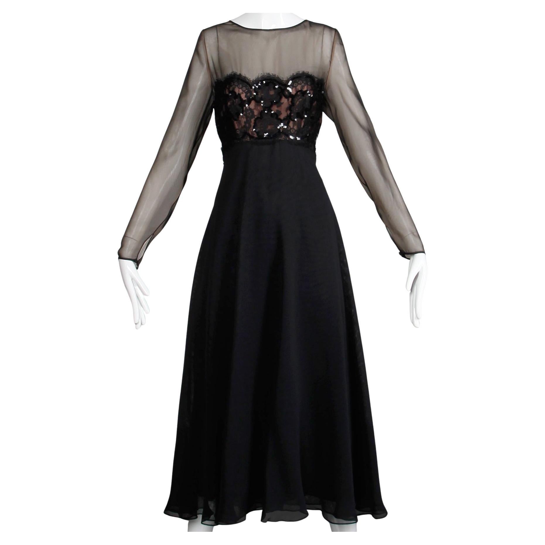 1970s Unworn with Tags Estevez Vintage Black Chiffon Sequin Lace Maxi Dress For Sale