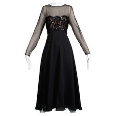 1970s Ungetragen mit Tags Estevez Vintage Schwarz Chiffon Pailletten Spitze Maxi Kleid