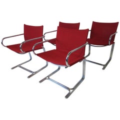 1970s Upholstered Cantilevered Chrome Dining Chairs in the Style of M. Breuer