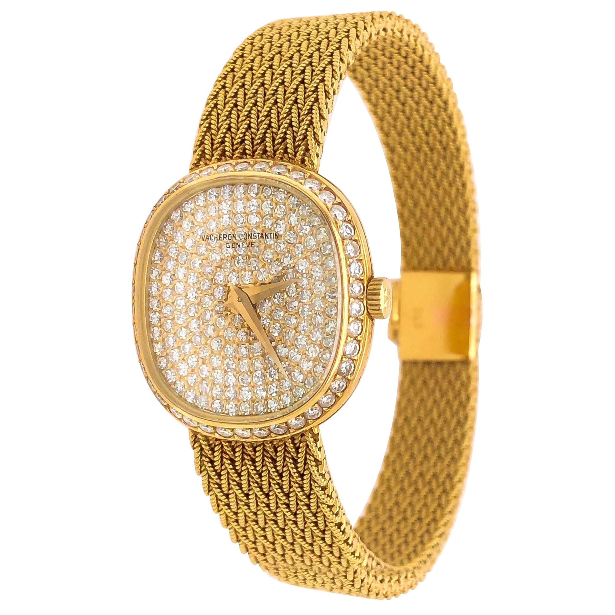 1970s Vacheron Constantin Ellipse Diamond Pave Set Dial Yellow Gold Wristwatch