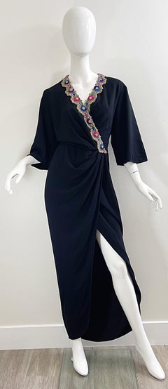 1970s Valentino Black Crepe Gold Lattice Beaded Embroidered Vintage 70s Dress