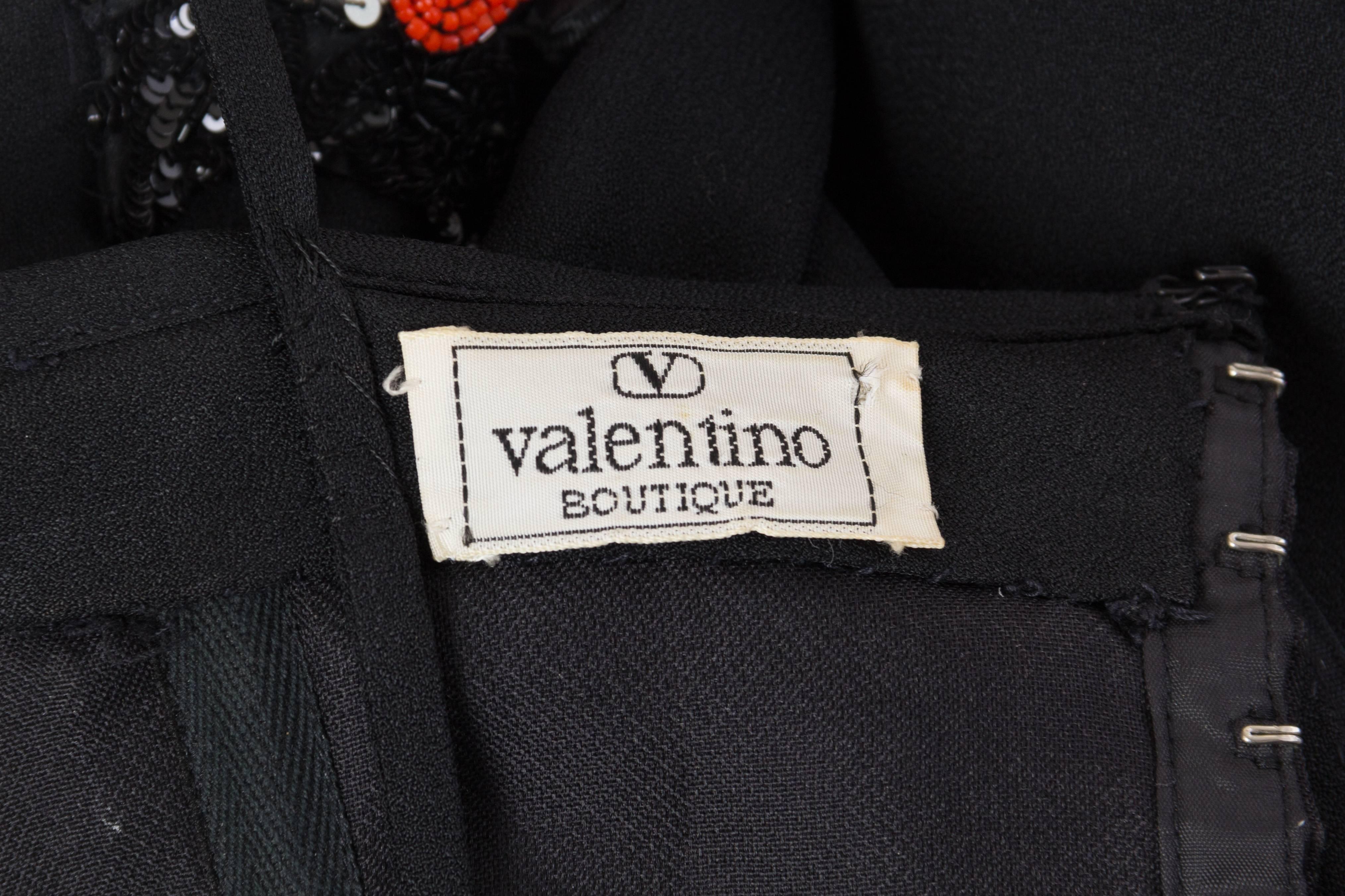 1970S VALENTINO Black Silk Crepe Gown With Beaded Crystal Roses & Epic Passemen For Sale 6