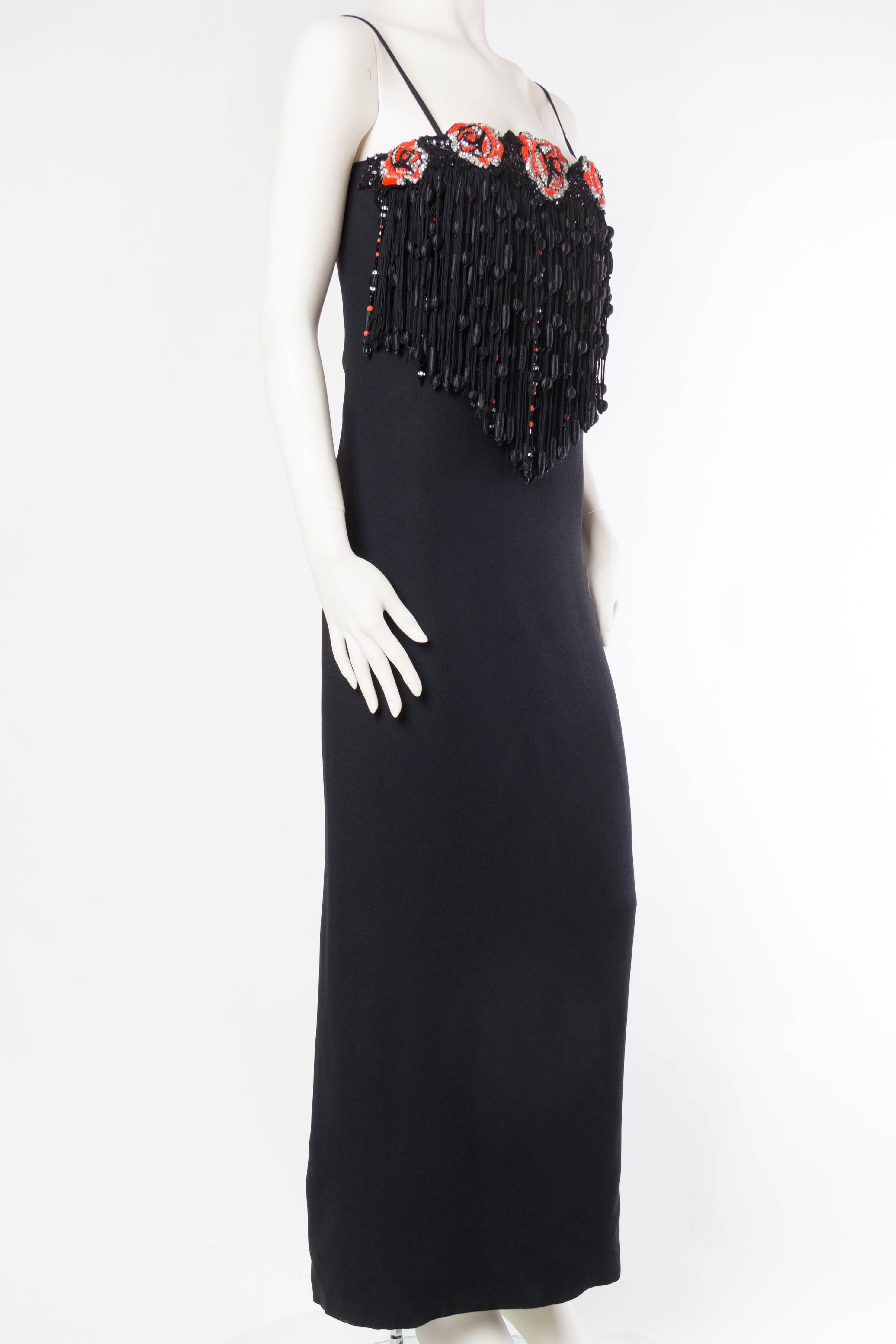 1970S VALENTINO Black Silk Crepe Gown With Beaded Crystal Roses & Epic Passemen In Excellent Condition For Sale In New York, NY