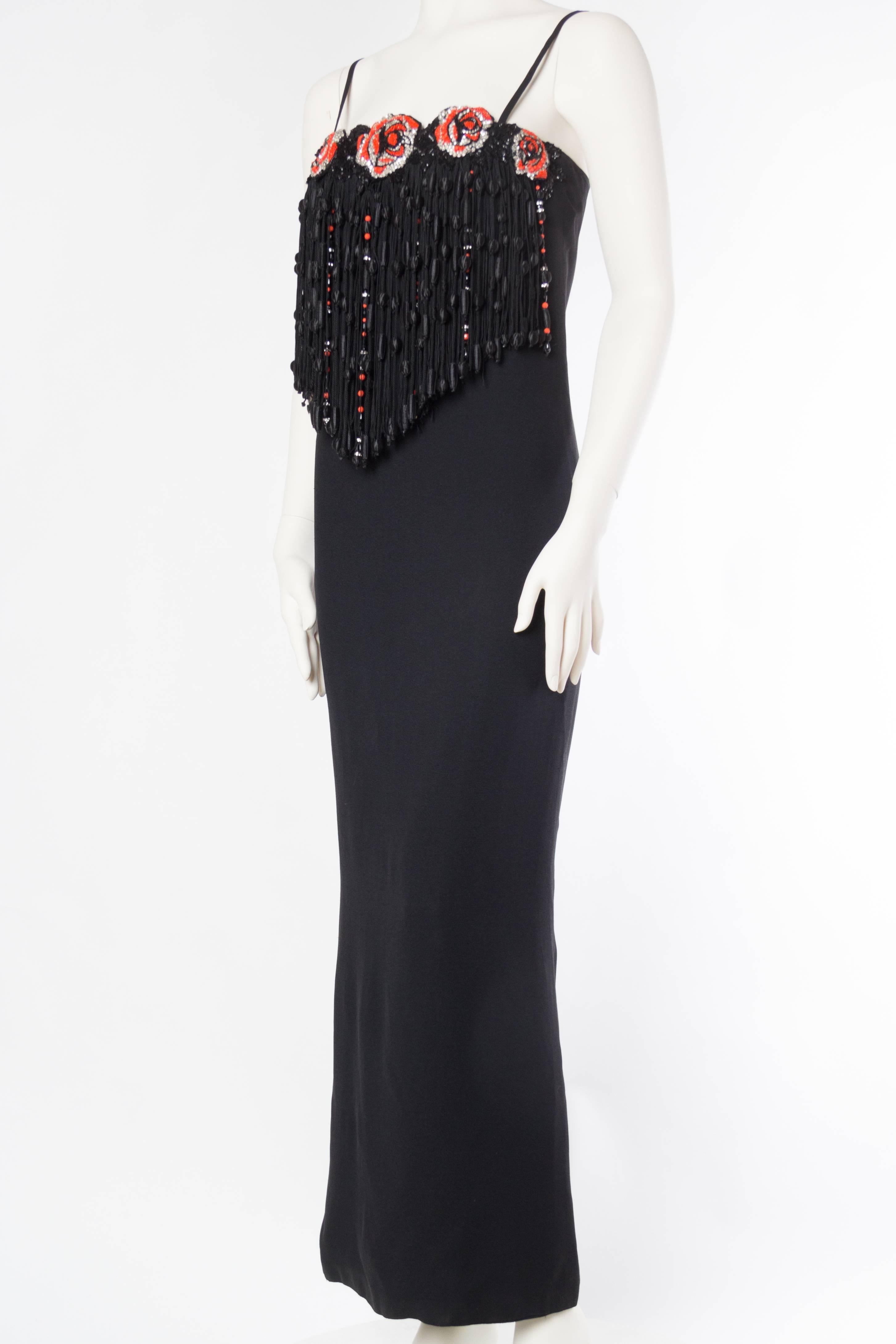 Women's 1970S VALENTINO Black Silk Crepe Gown With Beaded Crystal Roses & Epic Passemen For Sale