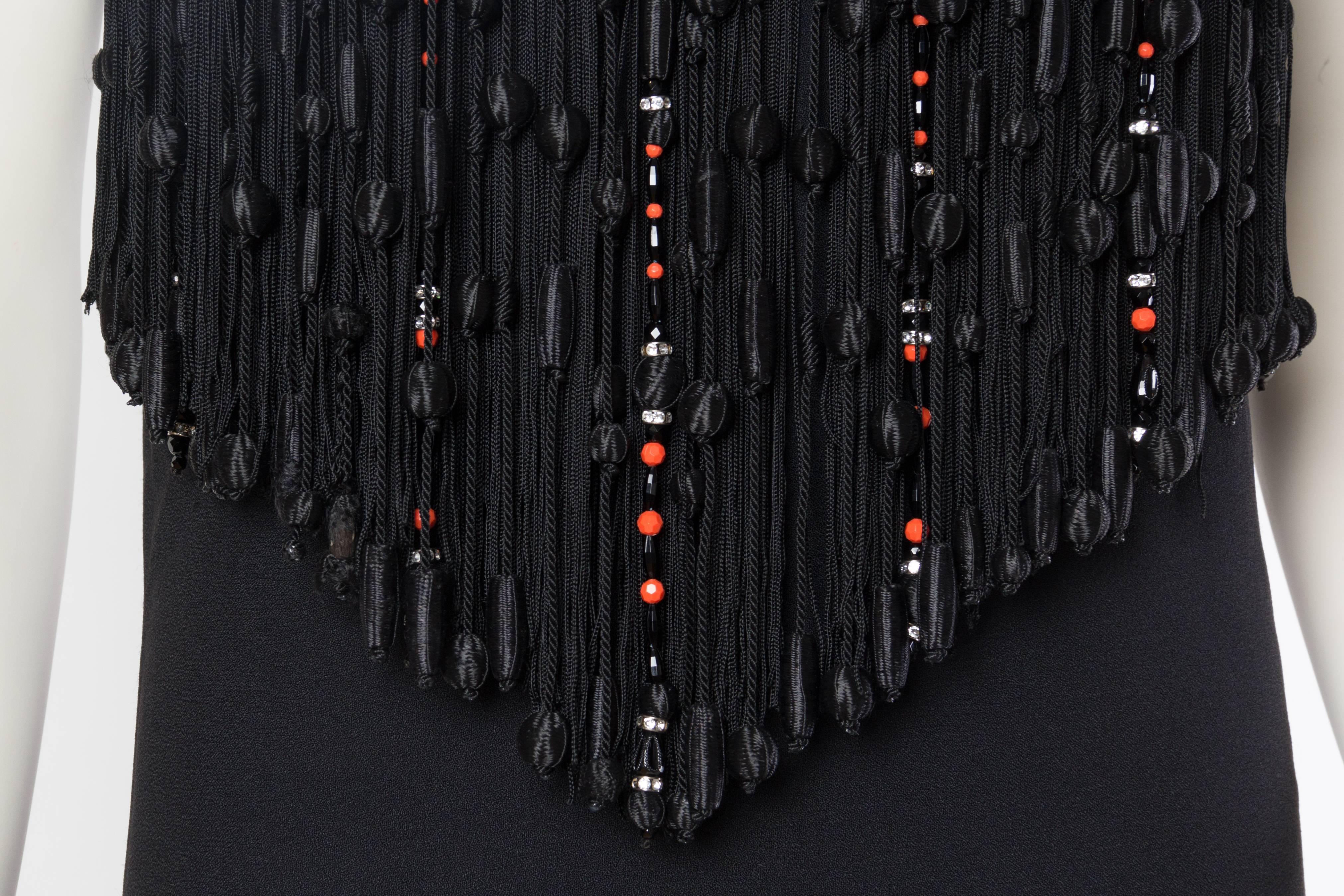1970S VALENTINO Black Silk Crepe Gown With Beaded Crystal Roses & Epic Passemen For Sale 3