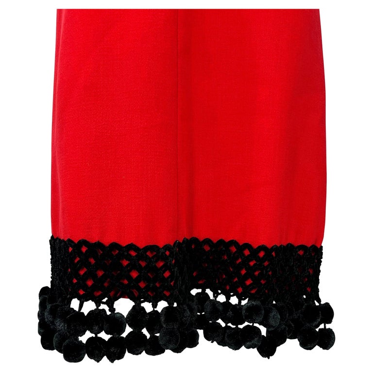 1970s Valentino Garavani Red Wool Black Wool Pom Pom Dress In Excellent Condition For Sale In Philadelphia, PA